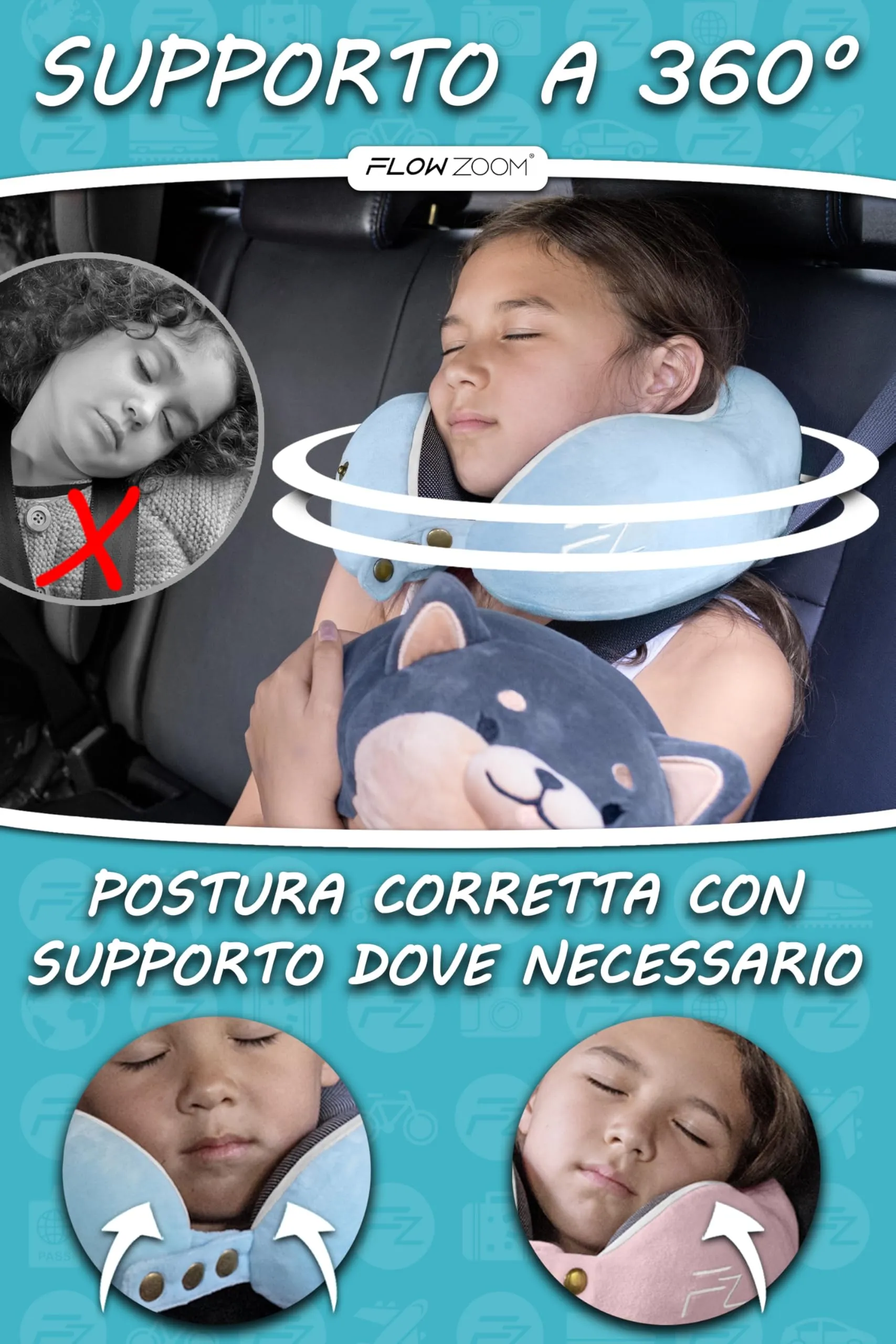FLOWZOOM Comfy Kids Cuscino da Viaggio per Bambini in Schiuma Memory, Larghezza Regolabile, Blu, Taglia M - immagine 2