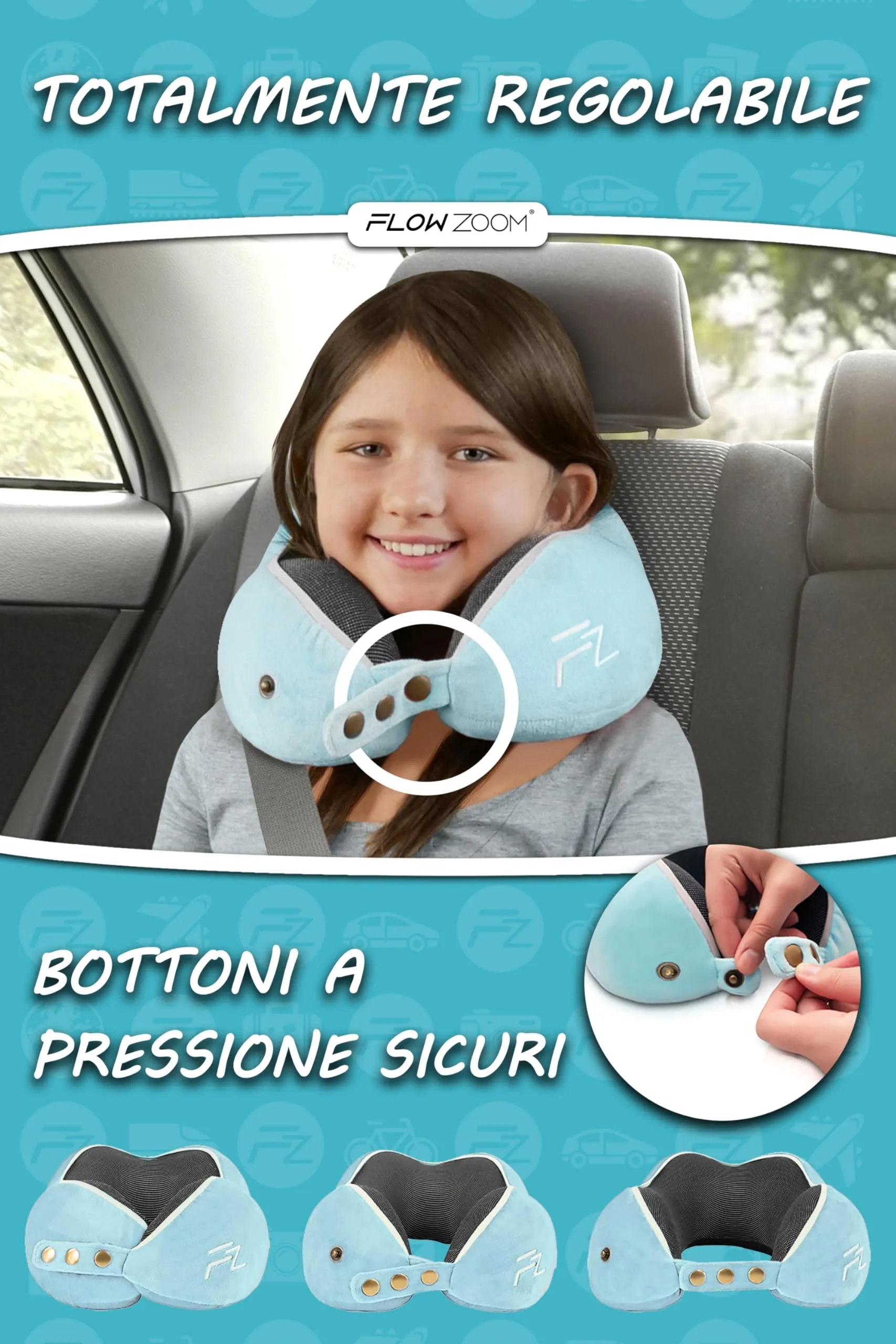 FLOWZOOM Comfy Kids Cuscino da Viaggio per Bambini in Schiuma Memory, Larghezza Regolabile, Blu, Taglia M - immagine 3