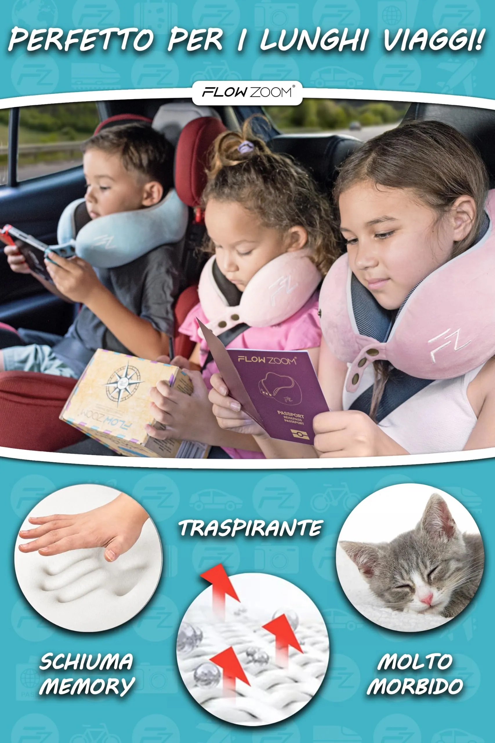 FLOWZOOM Comfy Kids Cuscino da Viaggio per Bambini in Schiuma Memory, Larghezza Regolabile, Blu, Taglia M - immagine 5
