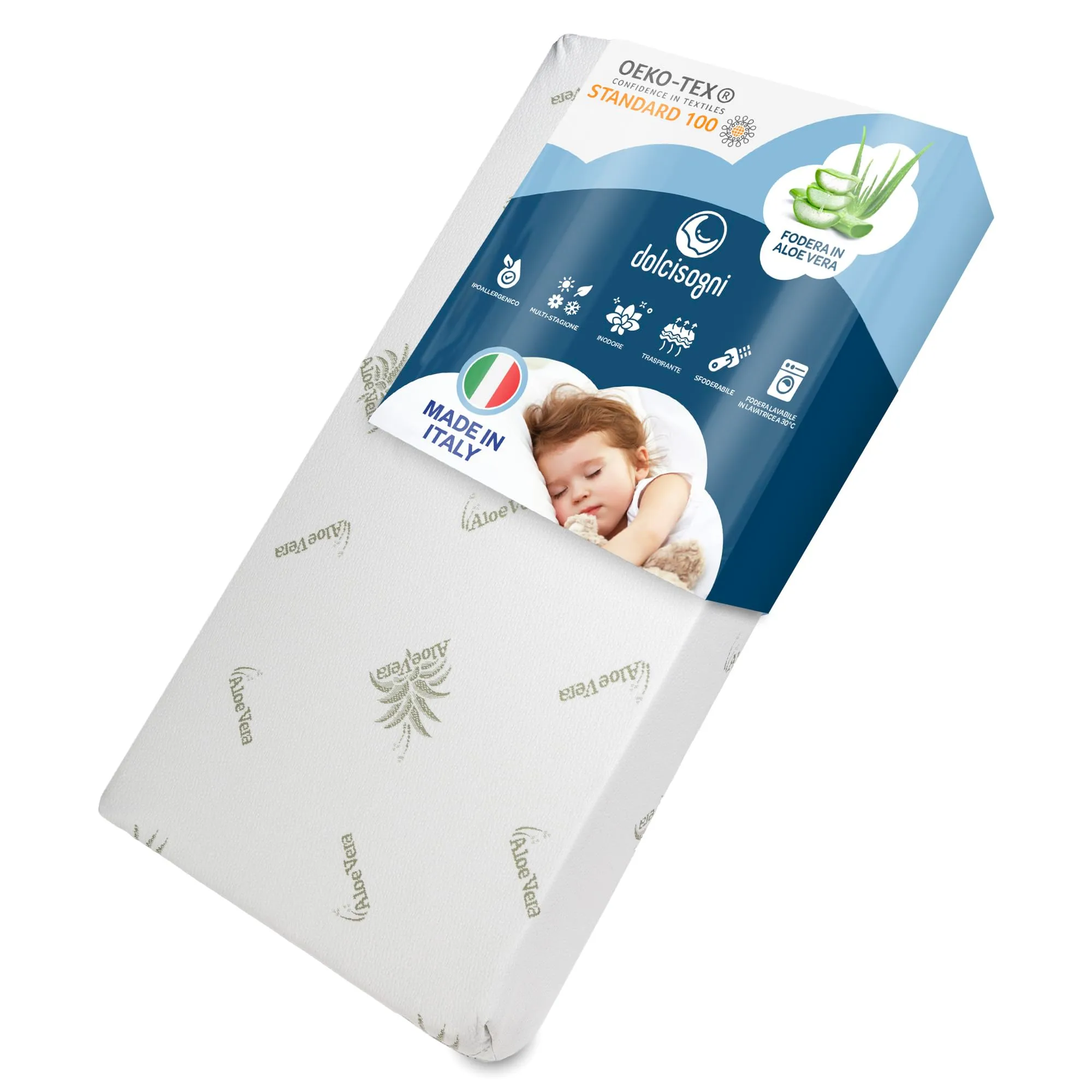 DOLCI SOGNI Materasso Lettino 60x125x16 cm con Fodera in Aloe Vera, OEKO-TEX e CertiPUR - immagine 1