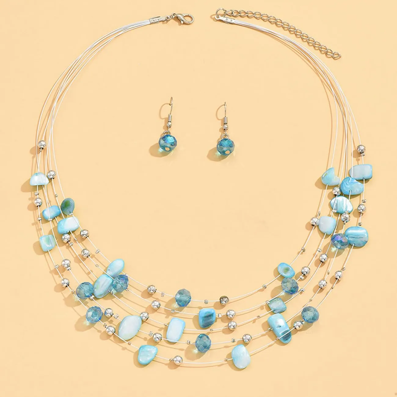 TOFBS Set Collana e Orecchini con Cristalli e Conchiglie Bohémien a Strati (Blu) - immagine 2