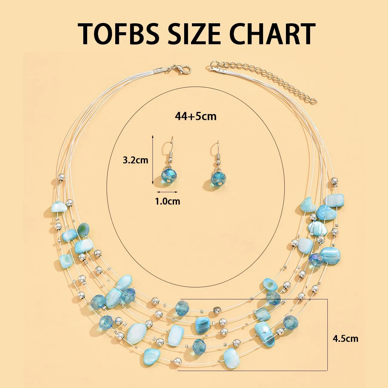 TOFBS Set Collana e Orecchini con Cristalli e Conchiglie Bohémien a Strati (Blu) - immagine 3
