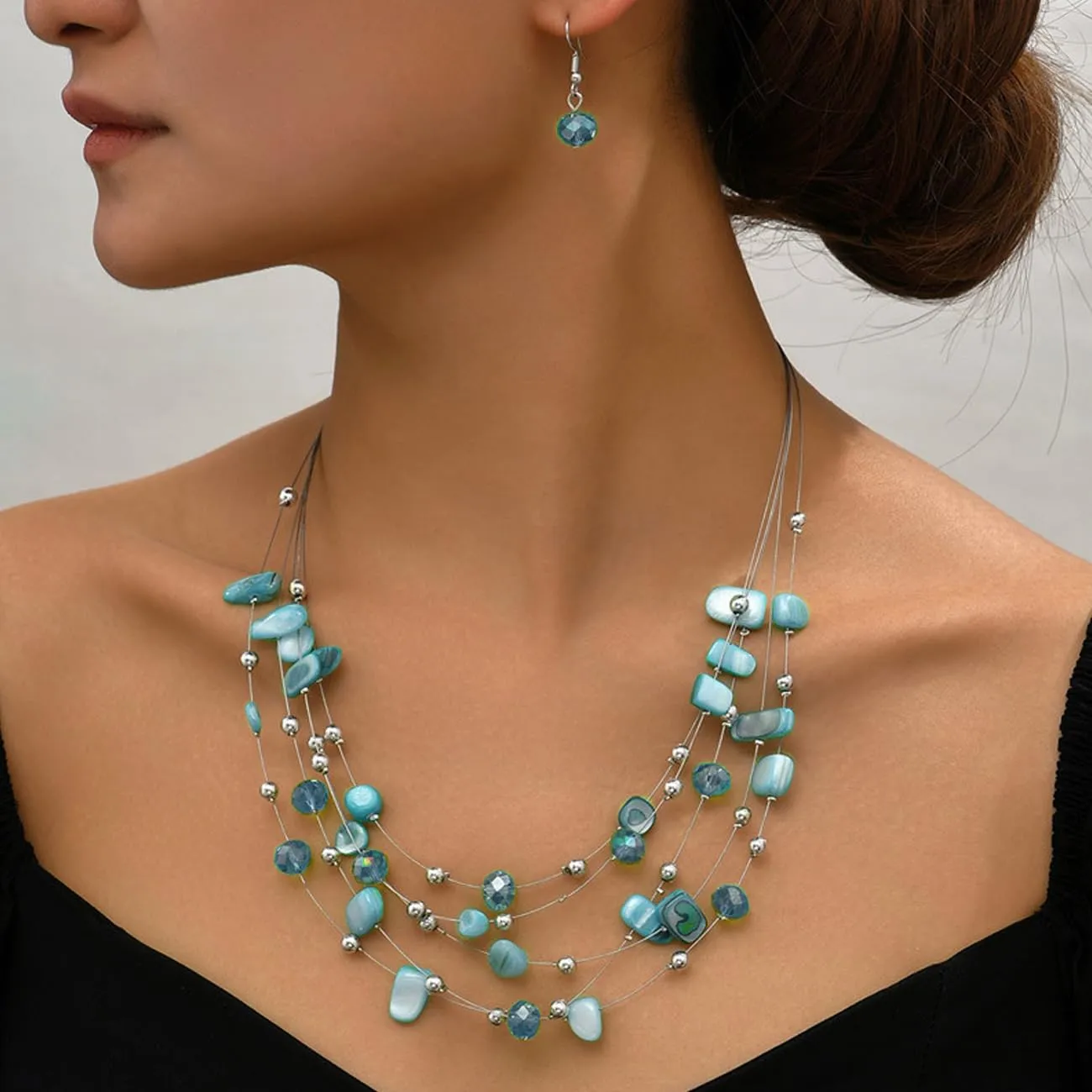 TOFBS Set Collana e Orecchini con Cristalli e Conchiglie Bohémien a Strati (Blu) - immagine 4