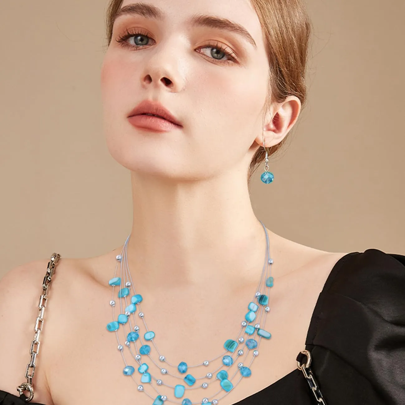 TOFBS Set Collana e Orecchini con Cristalli e Conchiglie Bohémien a Strati (Blu) - immagine 5