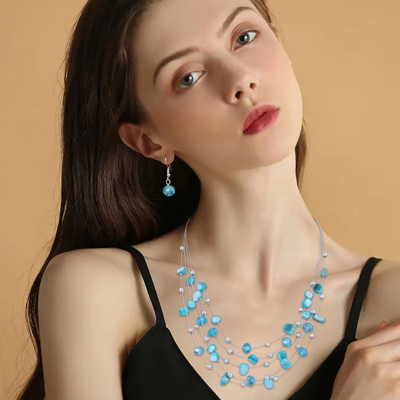 TOFBS Set Collana e Orecchini con Cristalli e Conchiglie Bohémien a Strati (Blu) - immagine 7