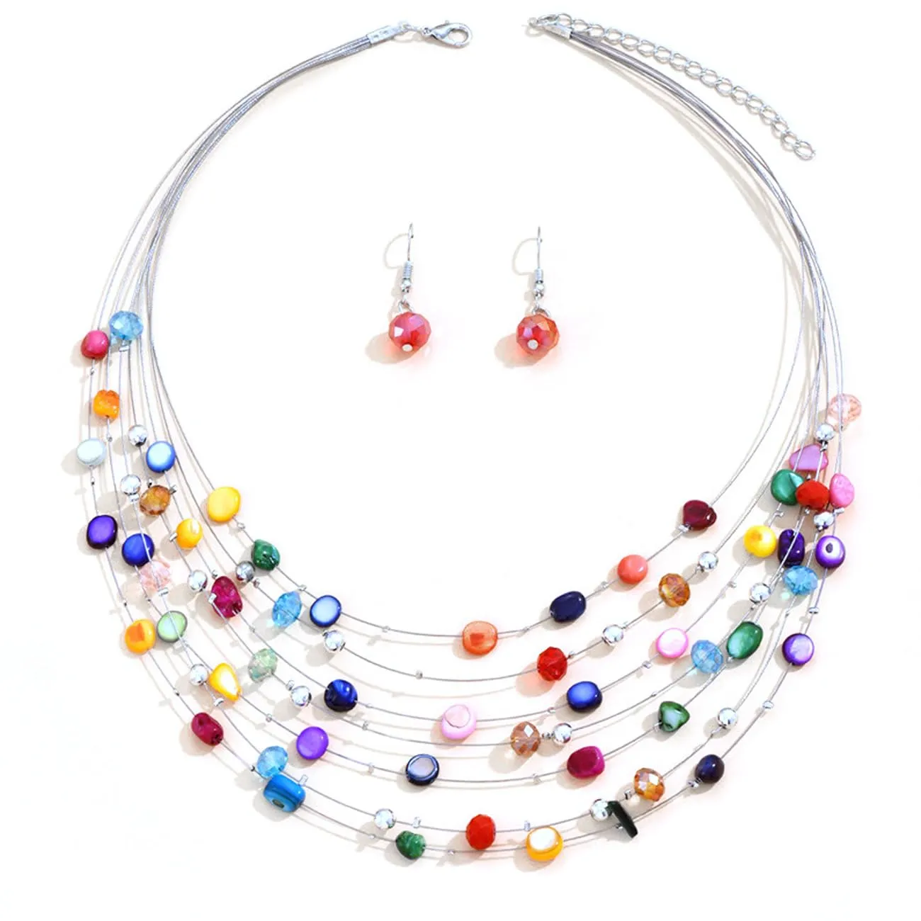 TOFBS Set Collana e Orecchini in Cristallo e Conchiglie Bohémien Stratificato, Colorato/b - immagine 1