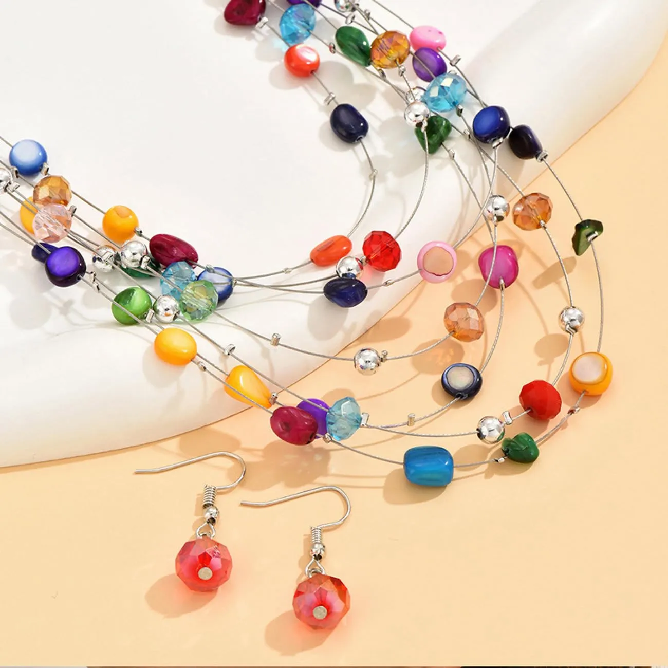 TOFBS Set Collana e Orecchini in Cristallo e Conchiglie Bohémien Stratificato, Colorato/b - immagine 3