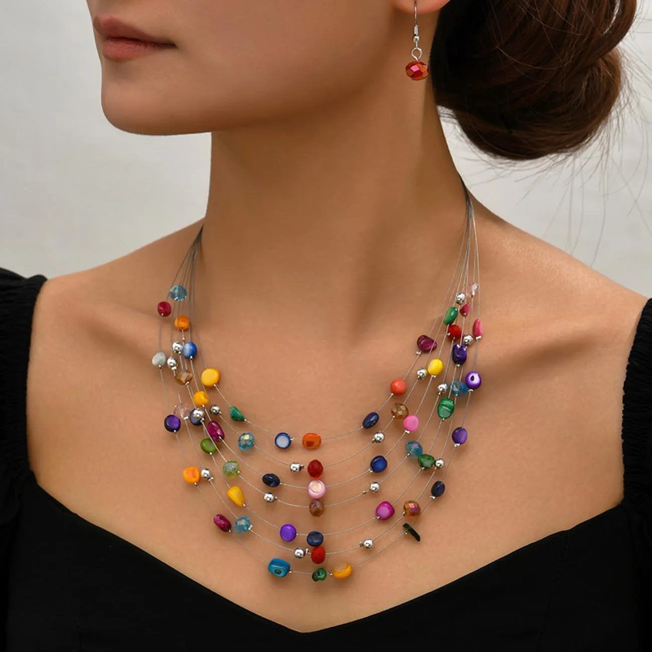 TOFBS Set Collana e Orecchini in Cristallo e Conchiglie Bohémien Stratificato, Colorato/b - immagine 5