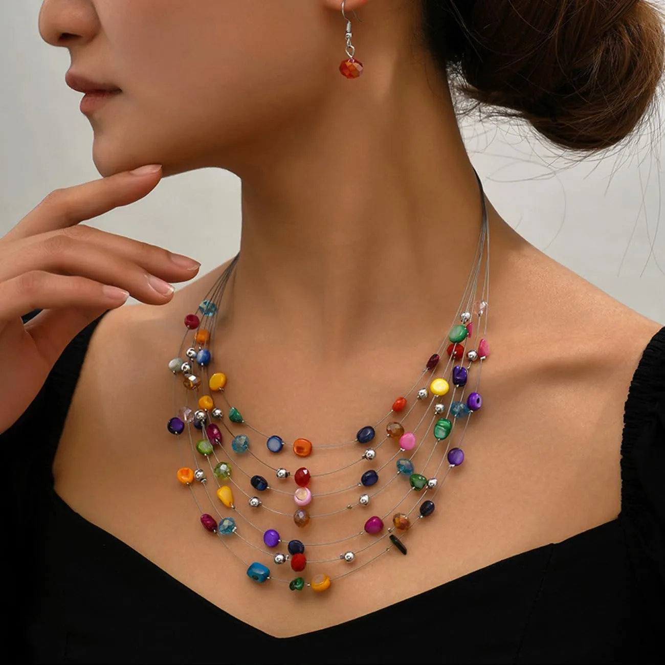 TOFBS Set Collana e Orecchini in Cristallo e Conchiglie Bohémien Stratificato, Colorato/b - immagine 6