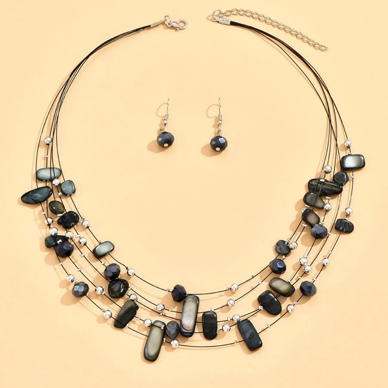TOFBS Set Gioielli Donna Collana a Strati in Cristallo e Conchiglie e Orecchini (Nero) - immagine 2