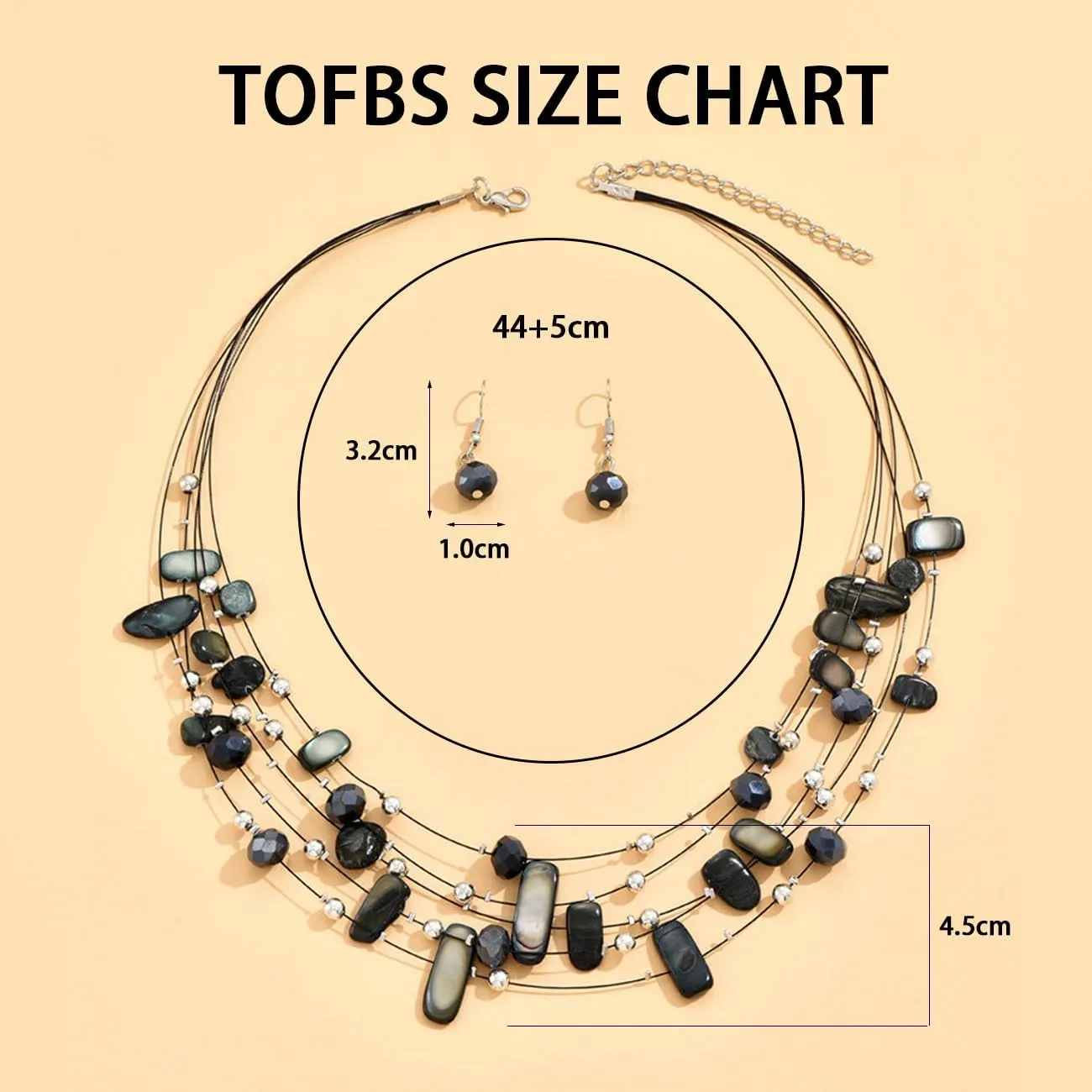 TOFBS Set Gioielli Donna Collana a Strati in Cristallo e Conchiglie e Orecchini (Nero) - immagine 4