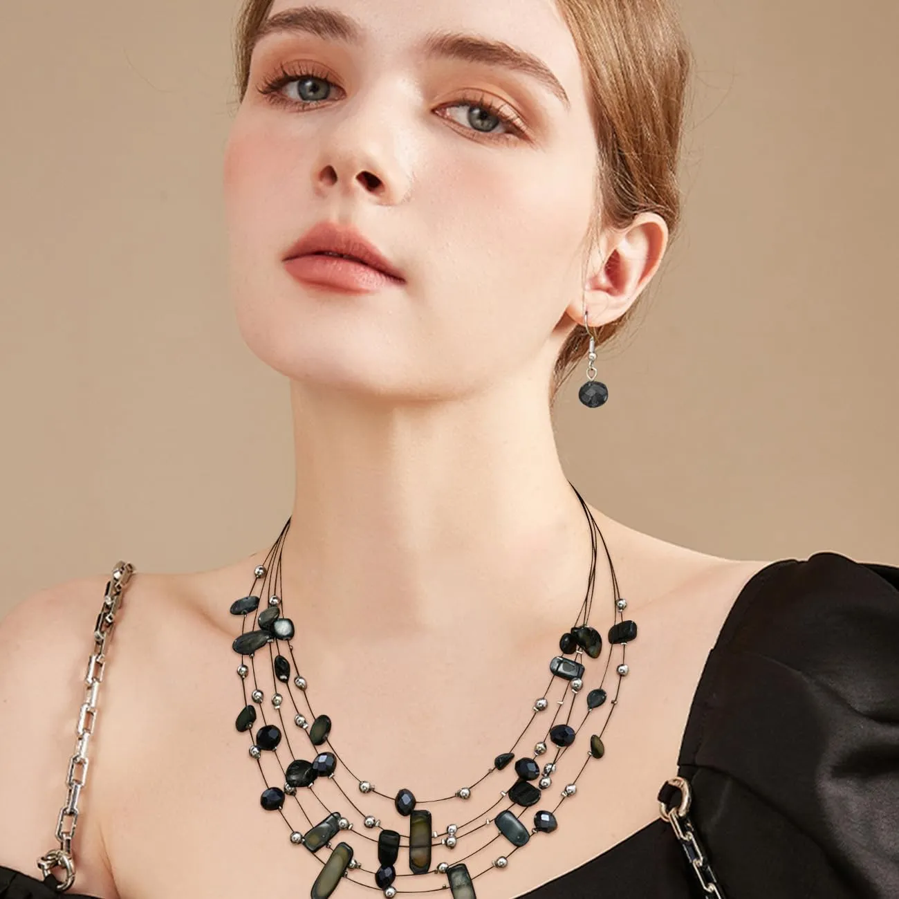 TOFBS Set Gioielli Donna Collana a Strati in Cristallo e Conchiglie e Orecchini (Nero) - immagine 6
