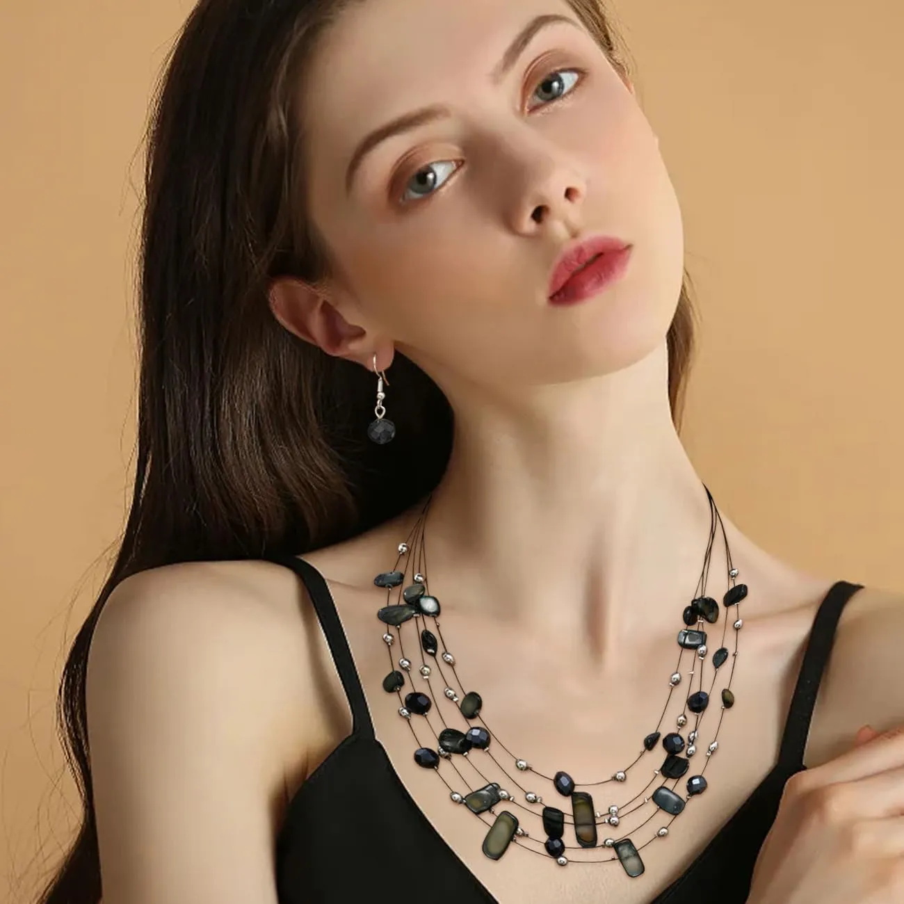 TOFBS Set Gioielli Donna Collana a Strati in Cristallo e Conchiglie e Orecchini (Nero) - immagine 7