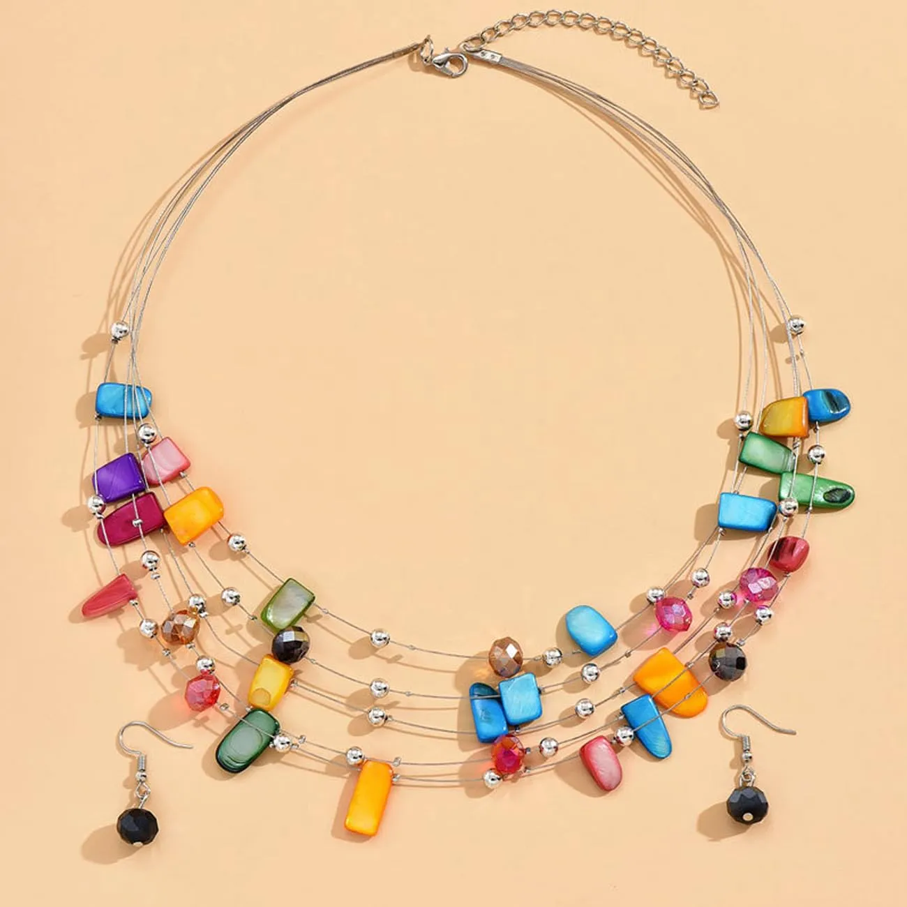 TOFBS Set Collana e Orecchini in Cristallo e Conchiglie Bohémien a Strati, Colorato - immagine 2