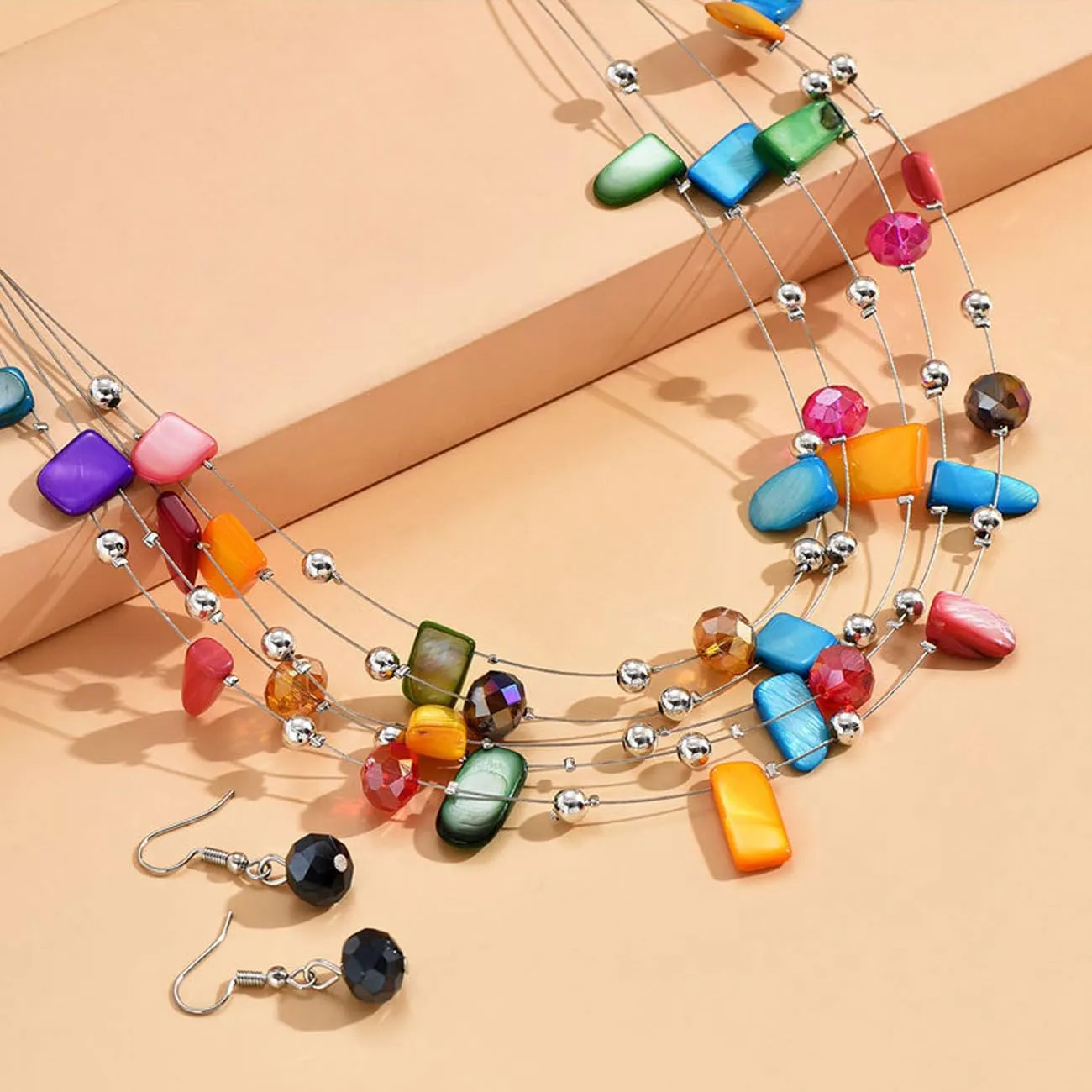 TOFBS Set Collana e Orecchini in Cristallo e Conchiglie Bohémien a Strati, Colorato - immagine 3