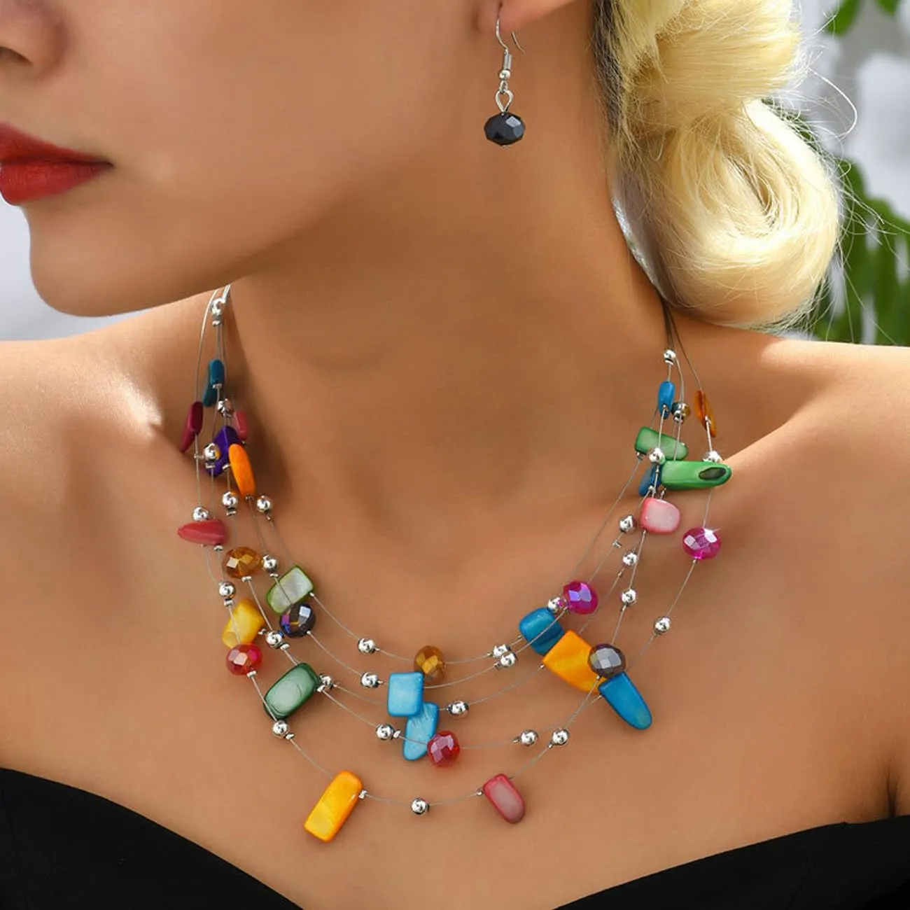 TOFBS Set Collana e Orecchini in Cristallo e Conchiglie Bohémien a Strati, Colorato - immagine 5