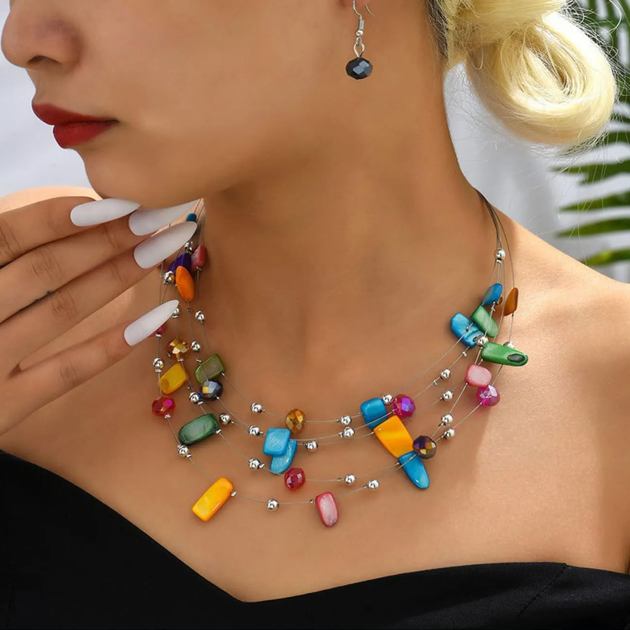 TOFBS Set Collana e Orecchini in Cristallo e Conchiglie Bohémien a Strati, Colorato - immagine 6