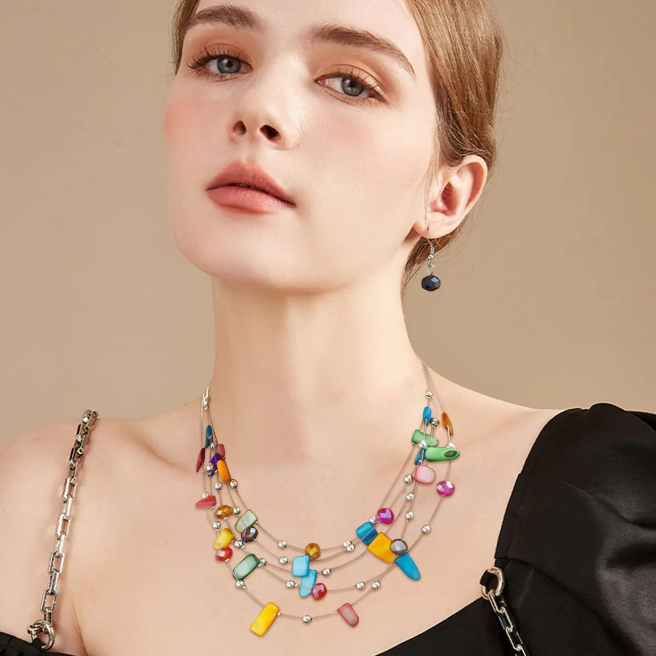TOFBS Set Collana e Orecchini in Cristallo e Conchiglie Bohémien a Strati, Colorato - immagine 7