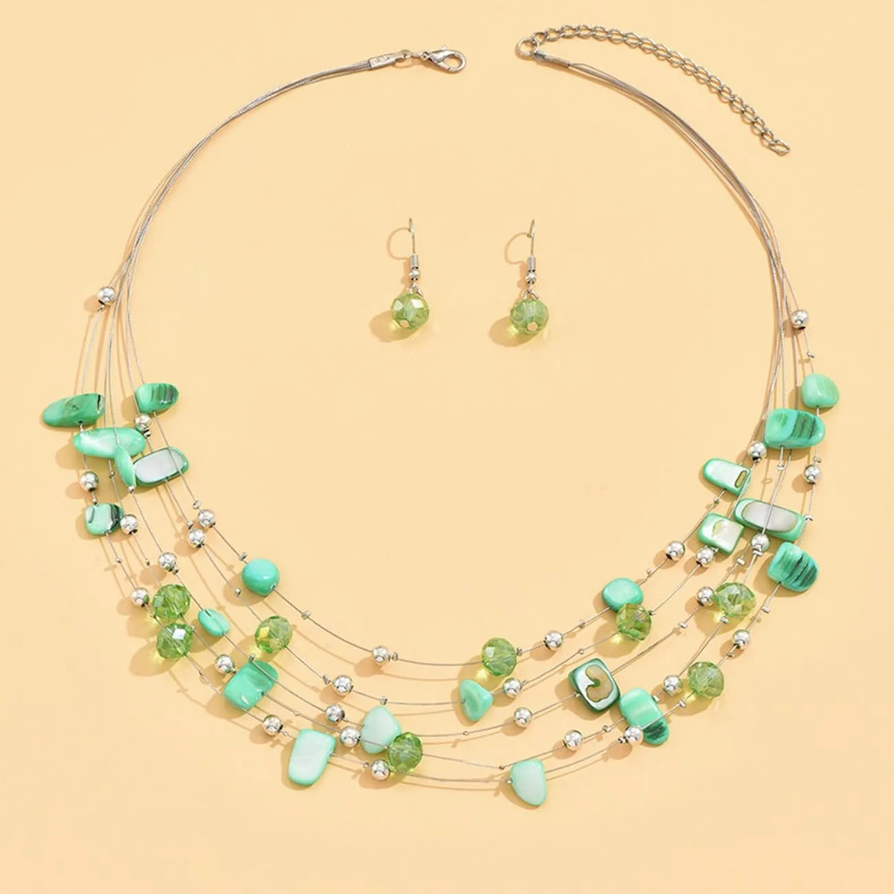 TOFBS Set di Gioielli Donna Collana a Strati con Cristalli e Conchiglie e Orecchini (Verde) - immagine 2