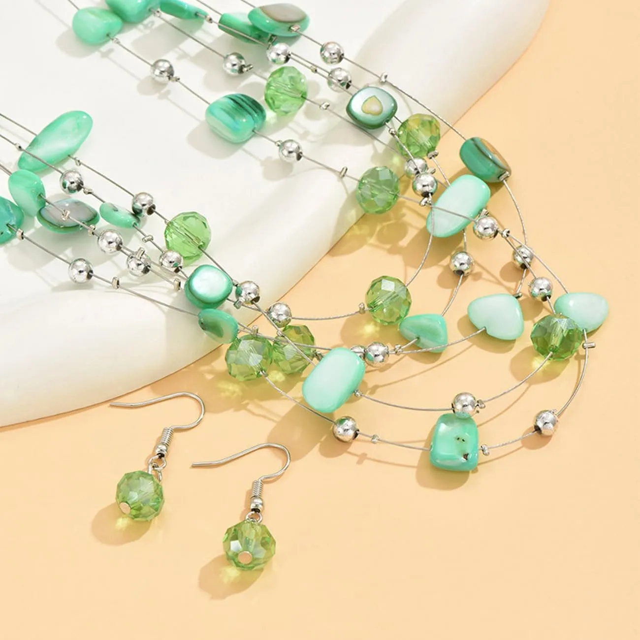 TOFBS Set di Gioielli Donna Collana a Strati con Cristalli e Conchiglie e Orecchini (Verde) - immagine 3