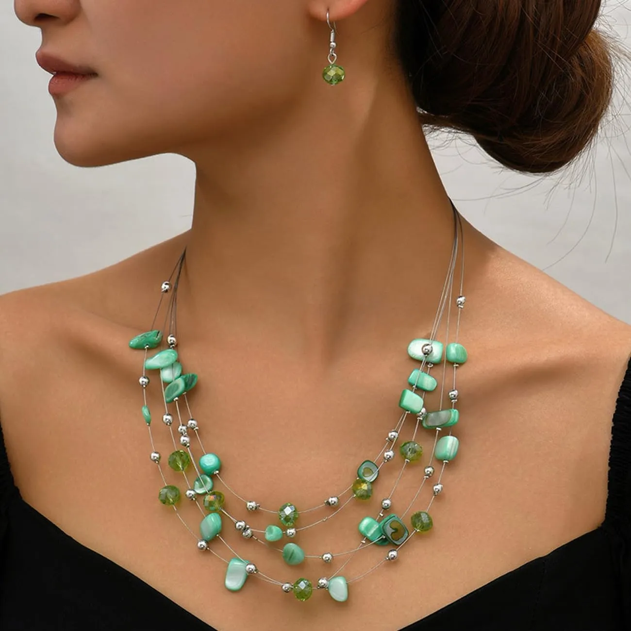 TOFBS Set di Gioielli Donna Collana a Strati con Cristalli e Conchiglie e Orecchini (Verde) - immagine 5