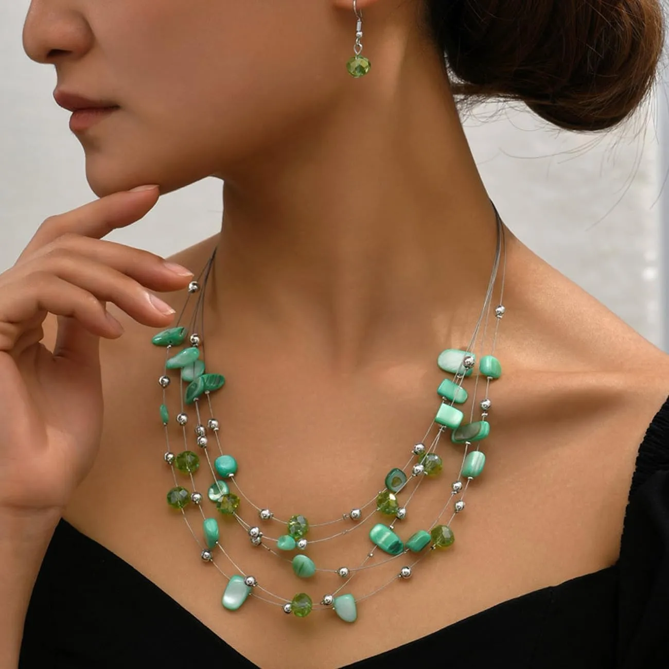 TOFBS Set di Gioielli Donna Collana a Strati con Cristalli e Conchiglie e Orecchini (Verde) - immagine 6