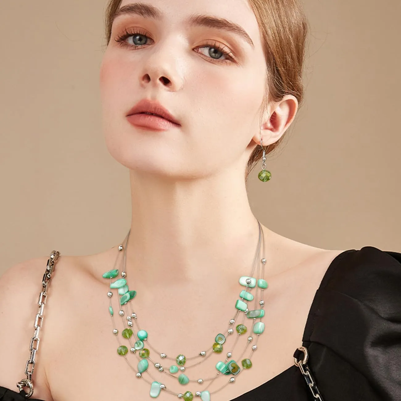 TOFBS Set di Gioielli Donna Collana a Strati con Cristalli e Conchiglie e Orecchini (Verde) - immagine 7