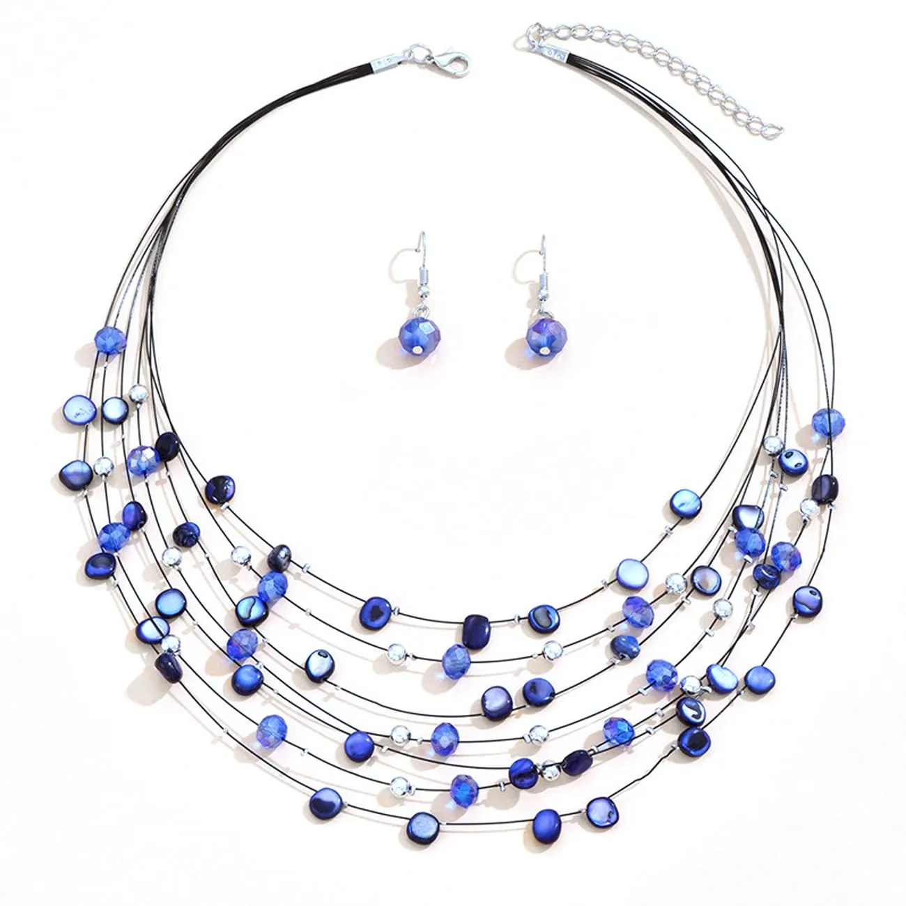 TOFBS Set Collana e Orecchini in Cristallo e Conchiglie Bohémien a Strati (Blu Zaffiro) - immagine 1