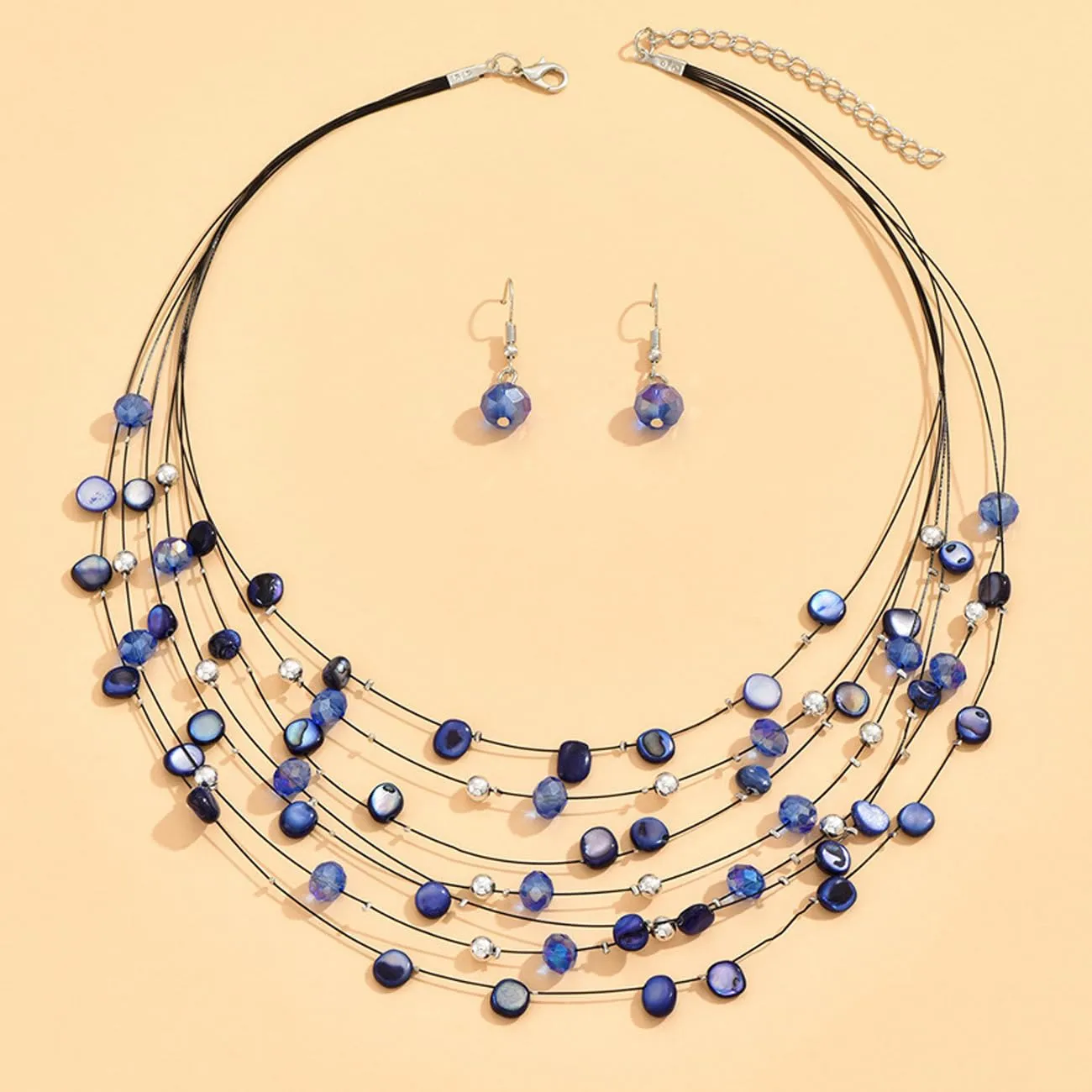 TOFBS Set Collana e Orecchini in Cristallo e Conchiglie Bohémien a Strati (Blu Zaffiro) - immagine 2
