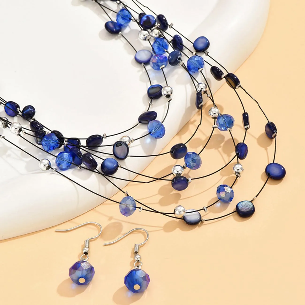 TOFBS Set Collana e Orecchini in Cristallo e Conchiglie Bohémien a Strati (Blu Zaffiro) - immagine 3