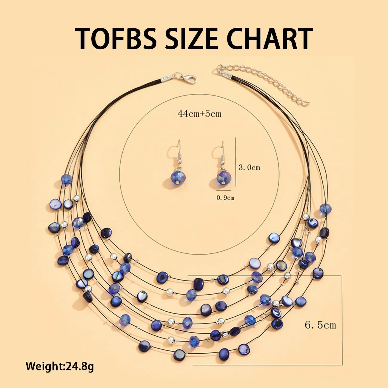 TOFBS Set Collana e Orecchini in Cristallo e Conchiglie Bohémien a Strati (Blu Zaffiro) - immagine 4