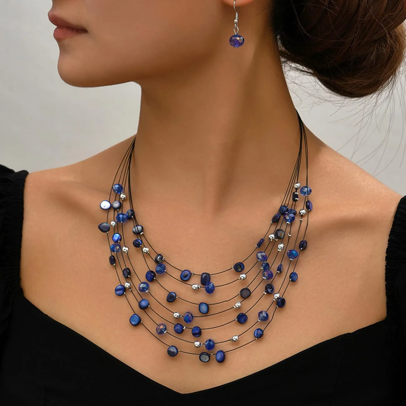 TOFBS Set Collana e Orecchini in Cristallo e Conchiglie Bohémien a Strati (Blu Zaffiro) - immagine 5