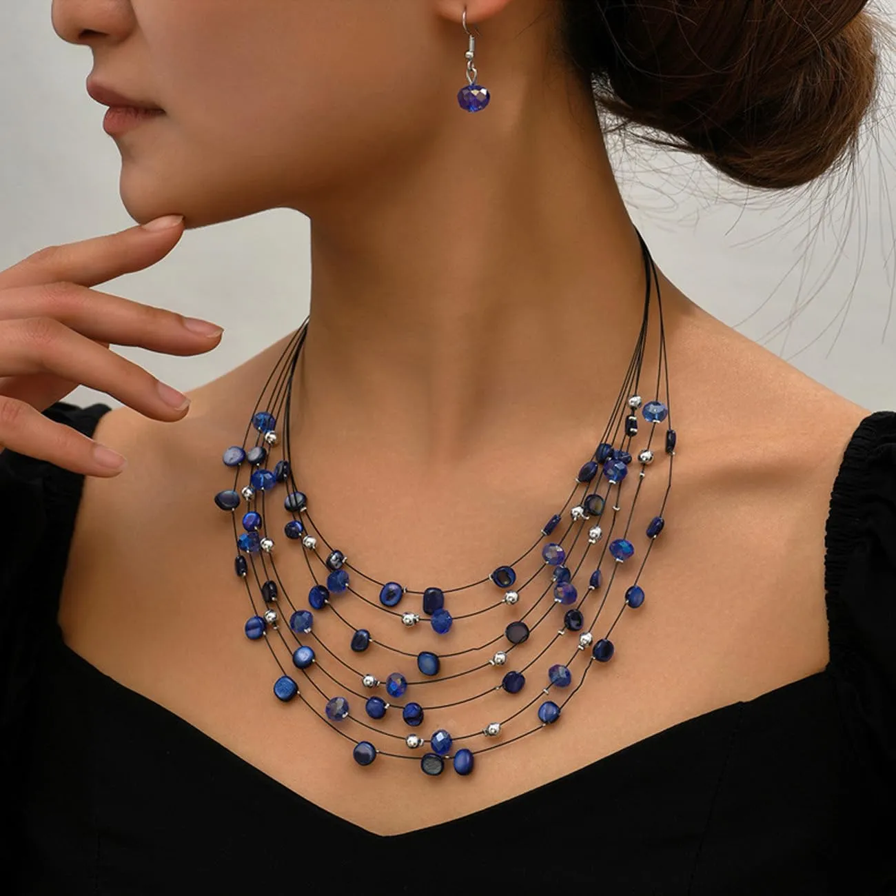 TOFBS Set Collana e Orecchini in Cristallo e Conchiglie Bohémien a Strati (Blu Zaffiro) - immagine 6