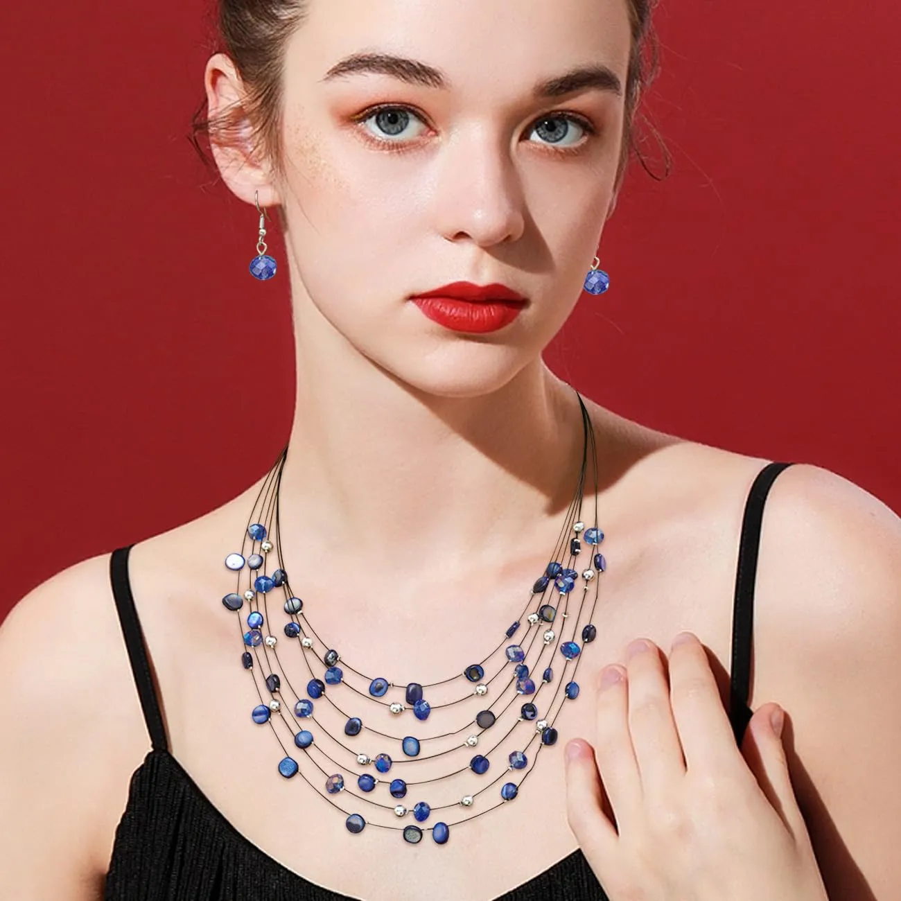 TOFBS Set Collana e Orecchini in Cristallo e Conchiglie Bohémien a Strati (Blu Zaffiro) - immagine 7