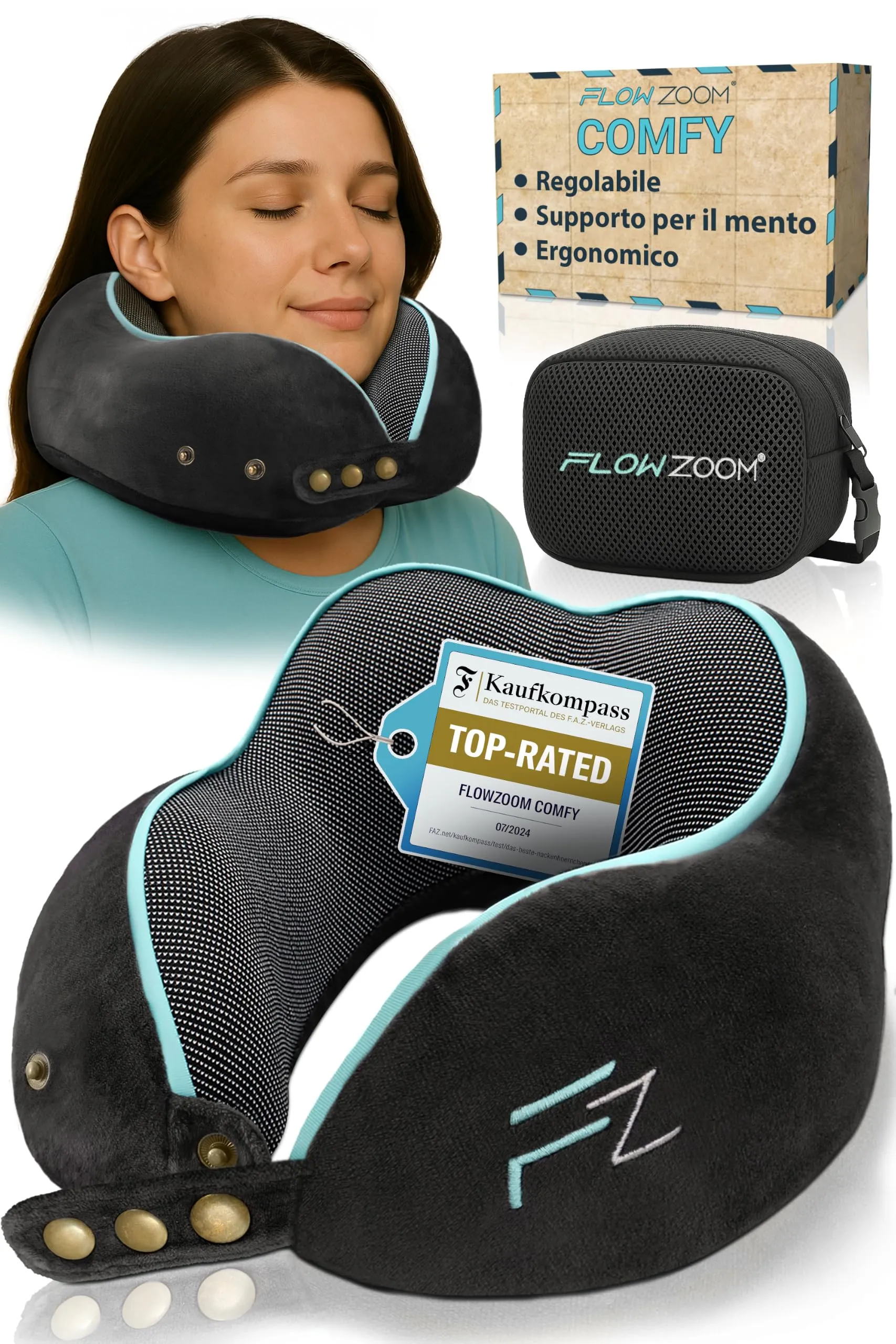 FLOWZOOM Comfy Cuscino da Viaggio in Schiuma Memory Regolabile con Supporto a 360°, Fodera Lavabile e Sacchetto da Trasporto - Nero - immagine 1