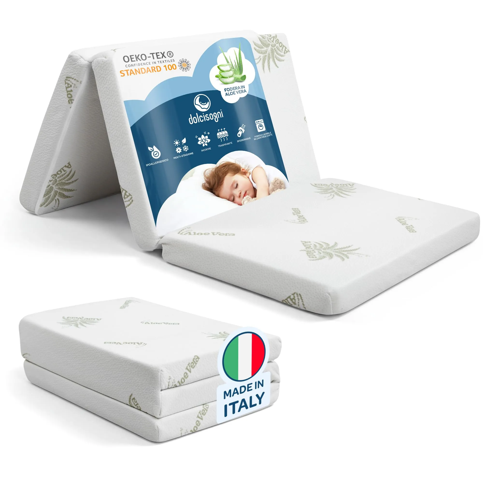 DOLCI SOGNI Materasso Lettino da Campeggio 60x120 cm, Spessore 5 cm, Pieghevole, Fodera Aloe Vera, OEKO-TEX e CertiPUR - immagine 1