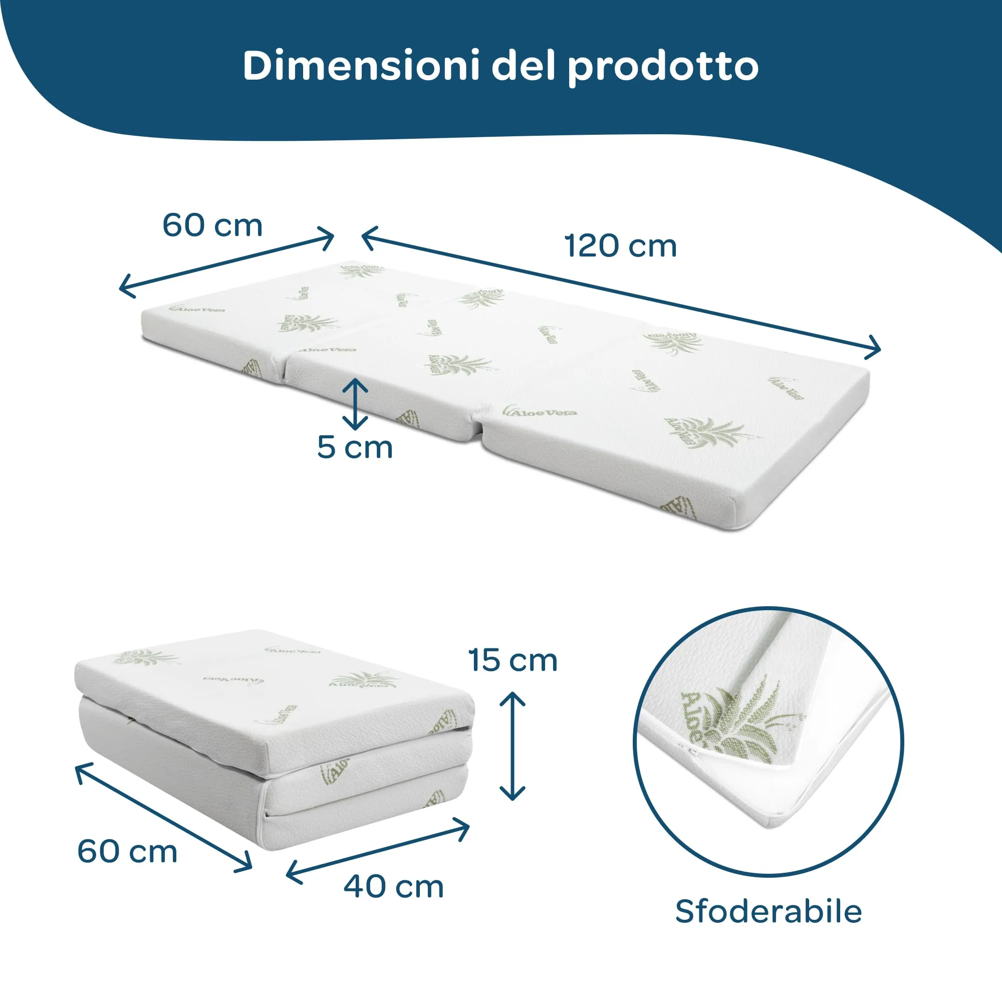 DOLCI SOGNI Materasso Lettino da Campeggio 60x120 cm, Spessore 5 cm, Pieghevole, Fodera Aloe Vera, OEKO-TEX e CertiPUR - immagine 3
