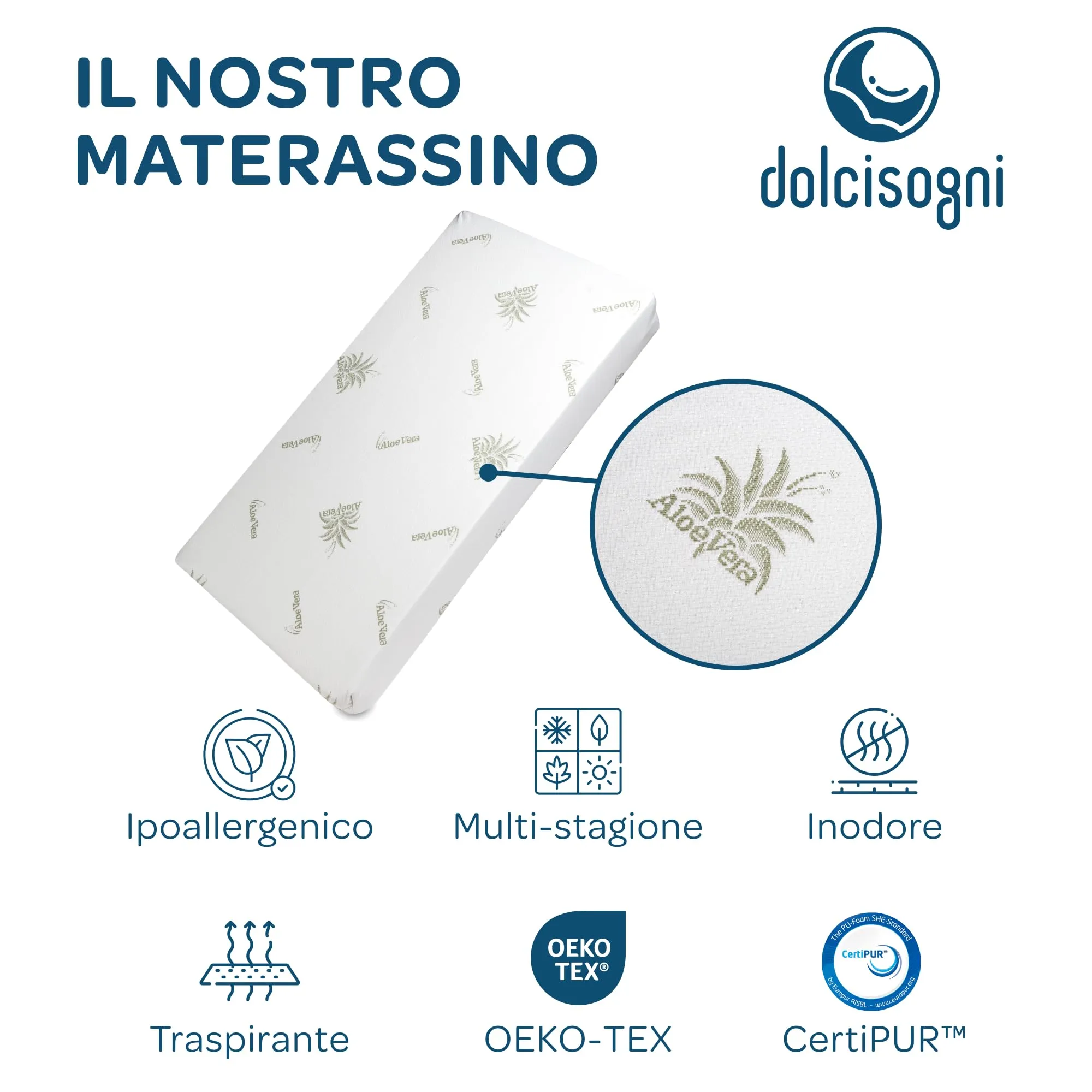 DOLCI SOGNI Materasso Lettino 70x140 cm con Coprimaterasso Impermeabile, Fodera di Aloe Vera, Certificato Oekotex - immagine 5