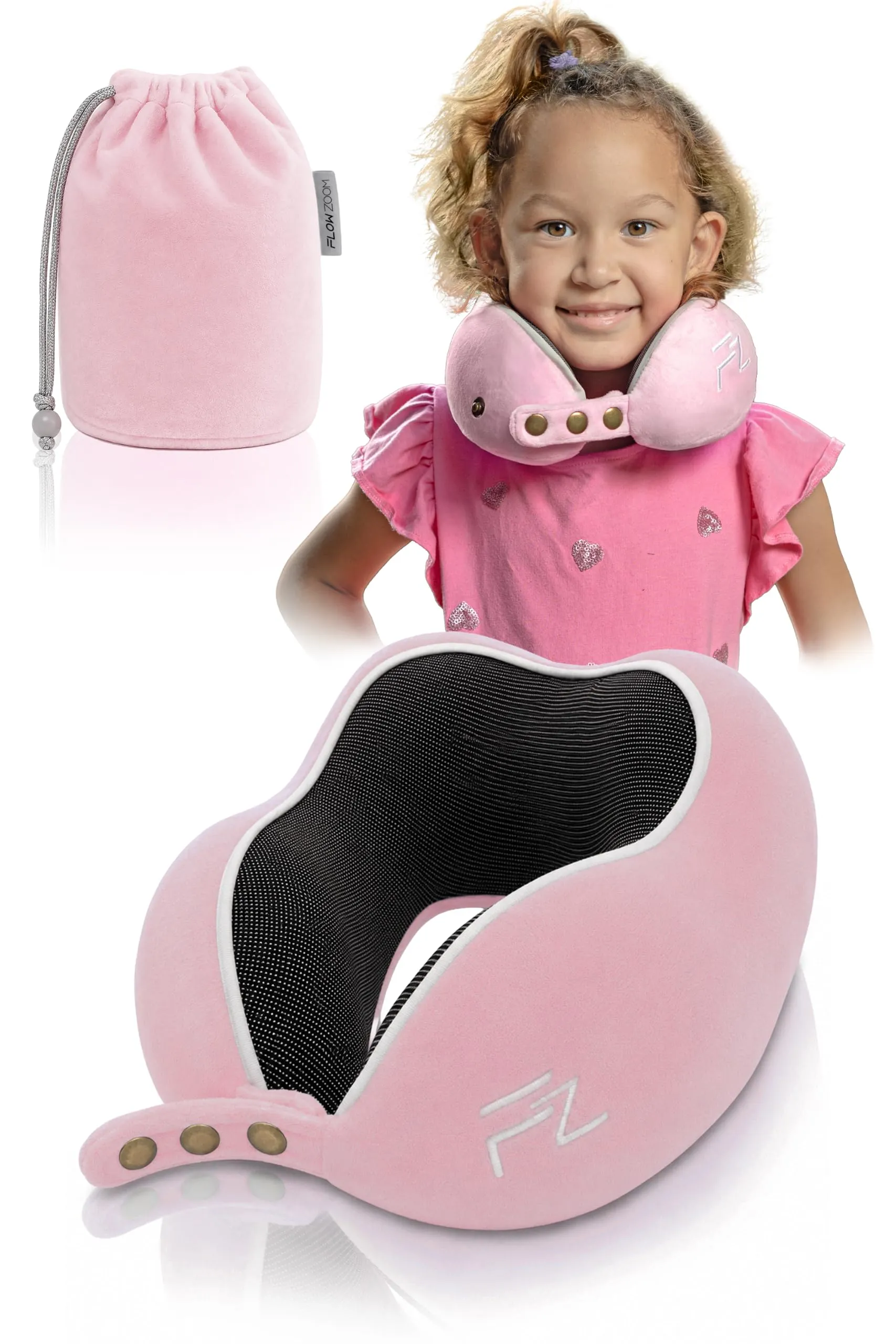 FLOWZOOM Comfy Kids Cuscino da Viaggio per Bambini in Schiuma Memory, Larghezza Regolabile, Fodera Lavabile e Sacchetto in Rete - Rosa, Taglia S - immagine 1