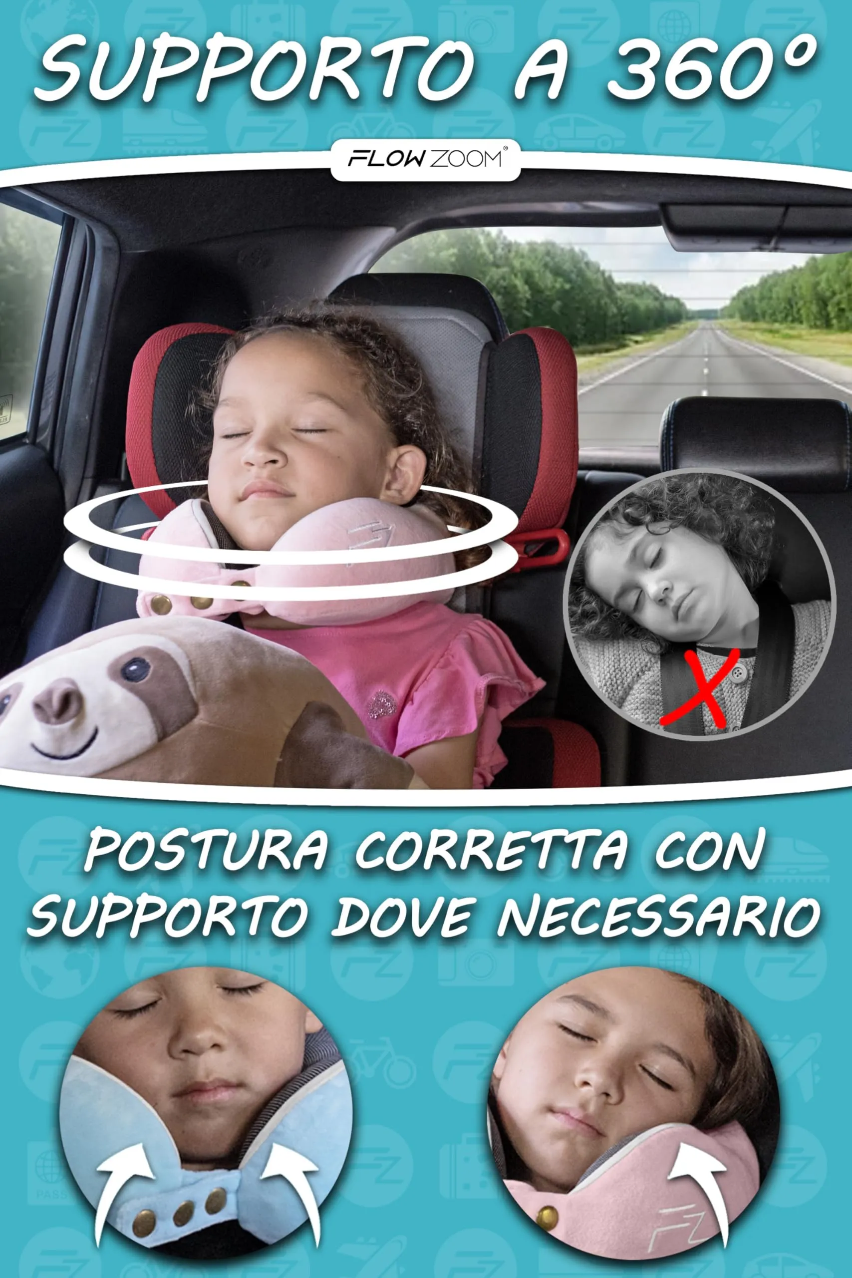 FLOWZOOM Comfy Kids Cuscino da Viaggio per Bambini in Schiuma Memory, Larghezza Regolabile, Fodera Lavabile e Sacchetto in Rete - Rosa, Taglia S - immagine 2