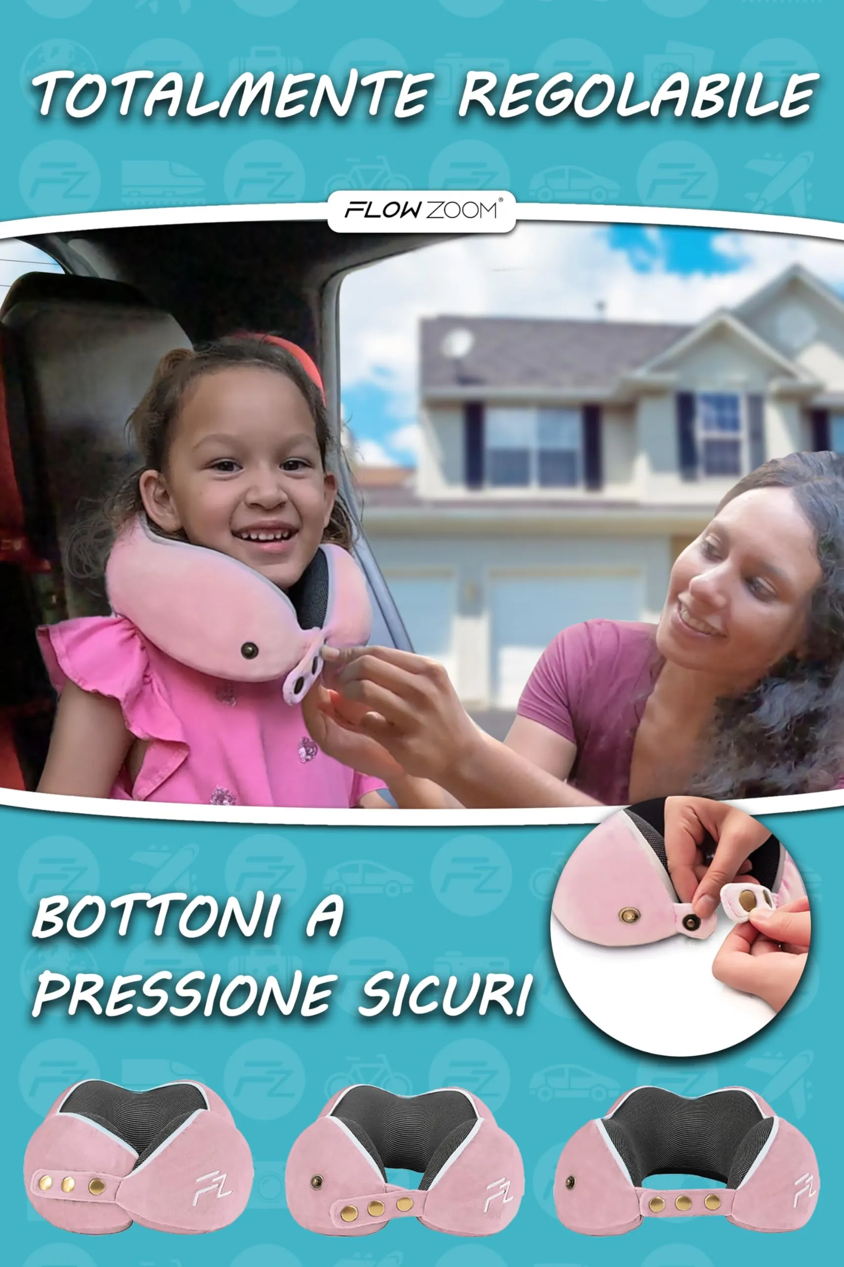 FLOWZOOM Comfy Kids Cuscino da Viaggio per Bambini in Schiuma Memory, Larghezza Regolabile, Fodera Lavabile e Sacchetto in Rete - Rosa, Taglia S - immagine 3