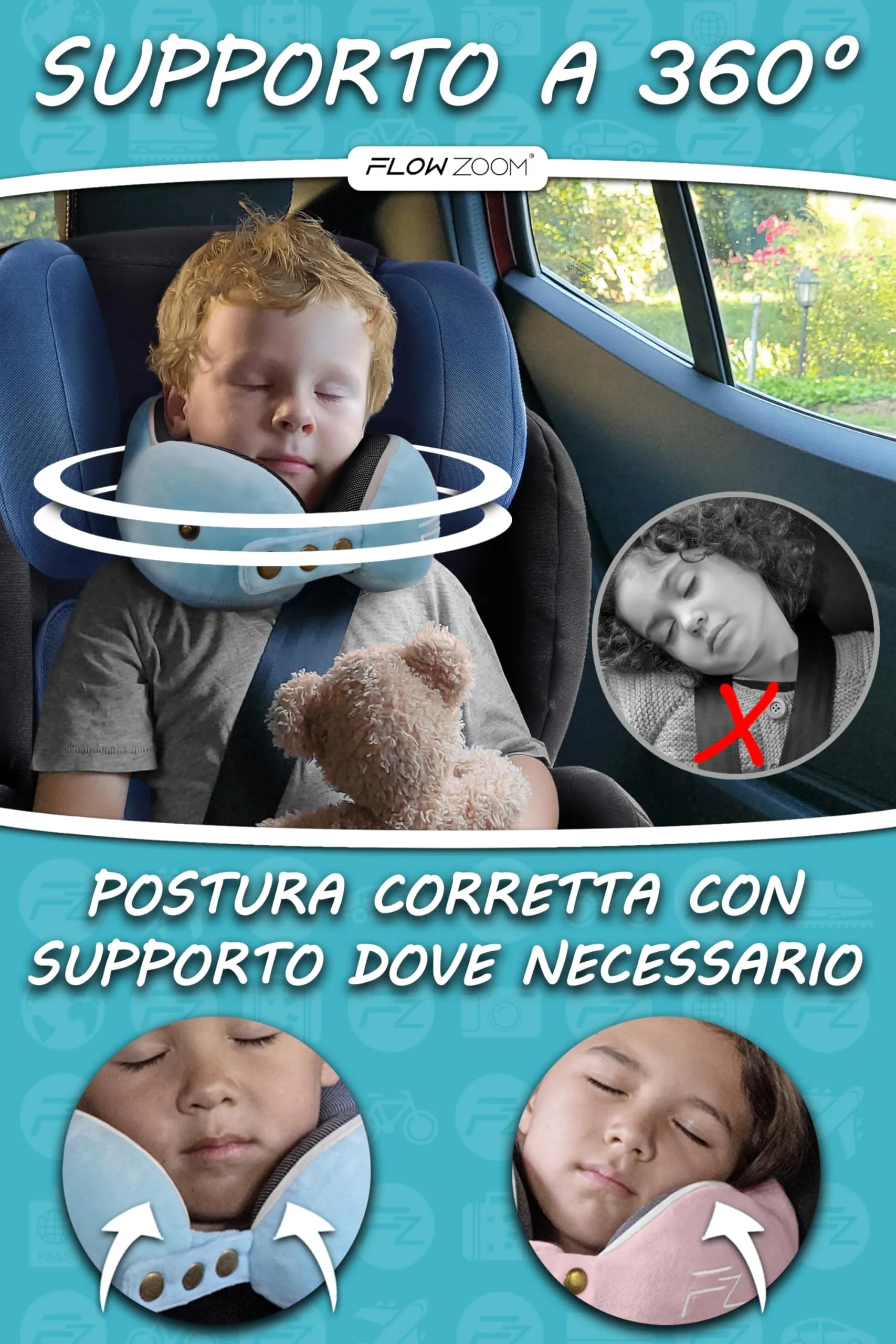 FLOWZOOM Comfy Kids Cuscino da Viaggio per Bambini in Schiuma Memory, Larghezza Regolabile, Fodera Lavabile e Sacchetto in Rete - Blu, Taglia S - immagine 2