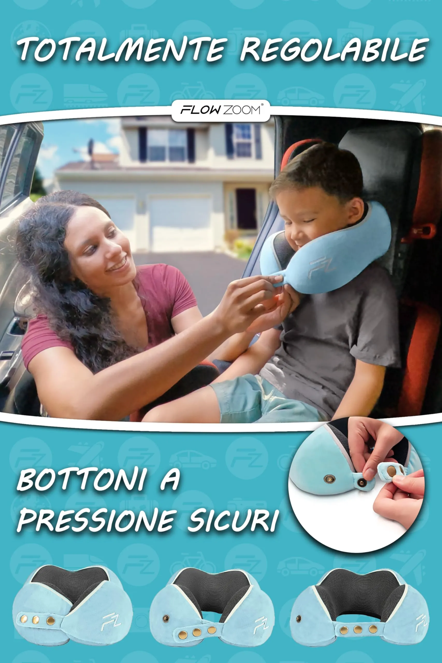 FLOWZOOM Comfy Kids Cuscino da Viaggio per Bambini in Schiuma Memory, Larghezza Regolabile, Fodera Lavabile e Sacchetto in Rete - Blu, Taglia S - immagine 3