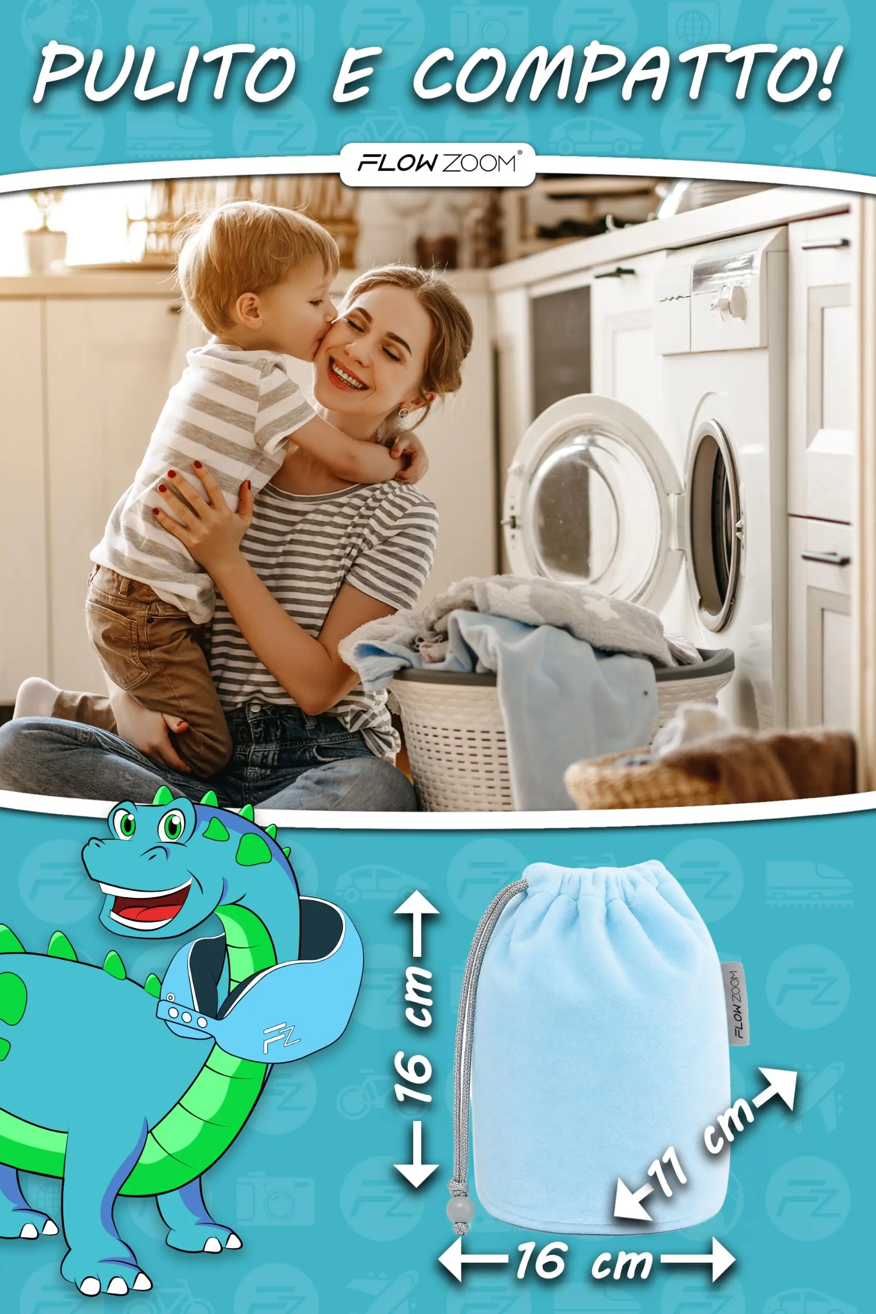FLOWZOOM Comfy Kids Cuscino da Viaggio per Bambini in Schiuma Memory, Larghezza Regolabile, Fodera Lavabile e Sacchetto in Rete - Blu, Taglia S - immagine 4