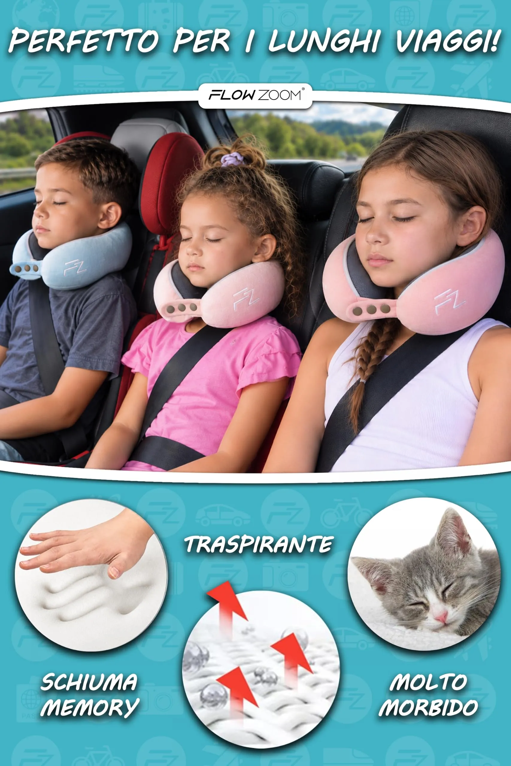 FLOWZOOM Comfy Kids Cuscino da Viaggio per Bambini in Schiuma Memory, Larghezza Regolabile, Fodera Lavabile e Sacchetto in Rete - Blu, Taglia S - immagine 5