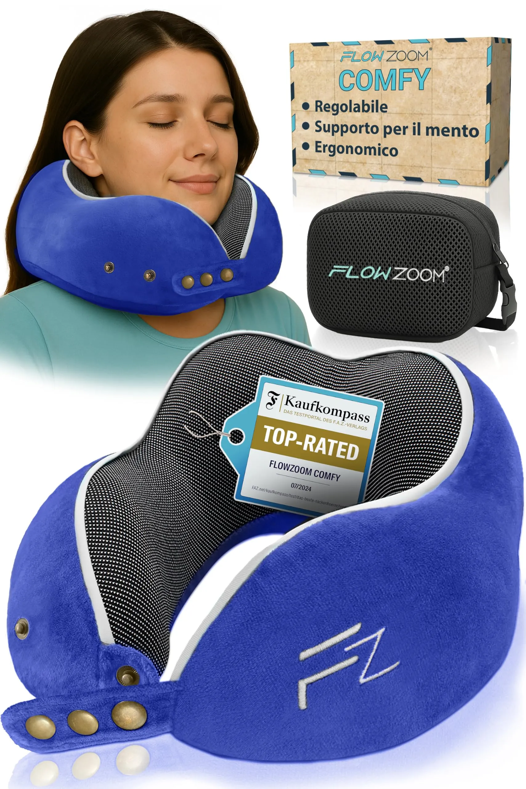 FLOWZOOM Comfy Cuscino da Viaggio in Schiuma Memory per Collo Regolabile, Blu Navy - immagine 1