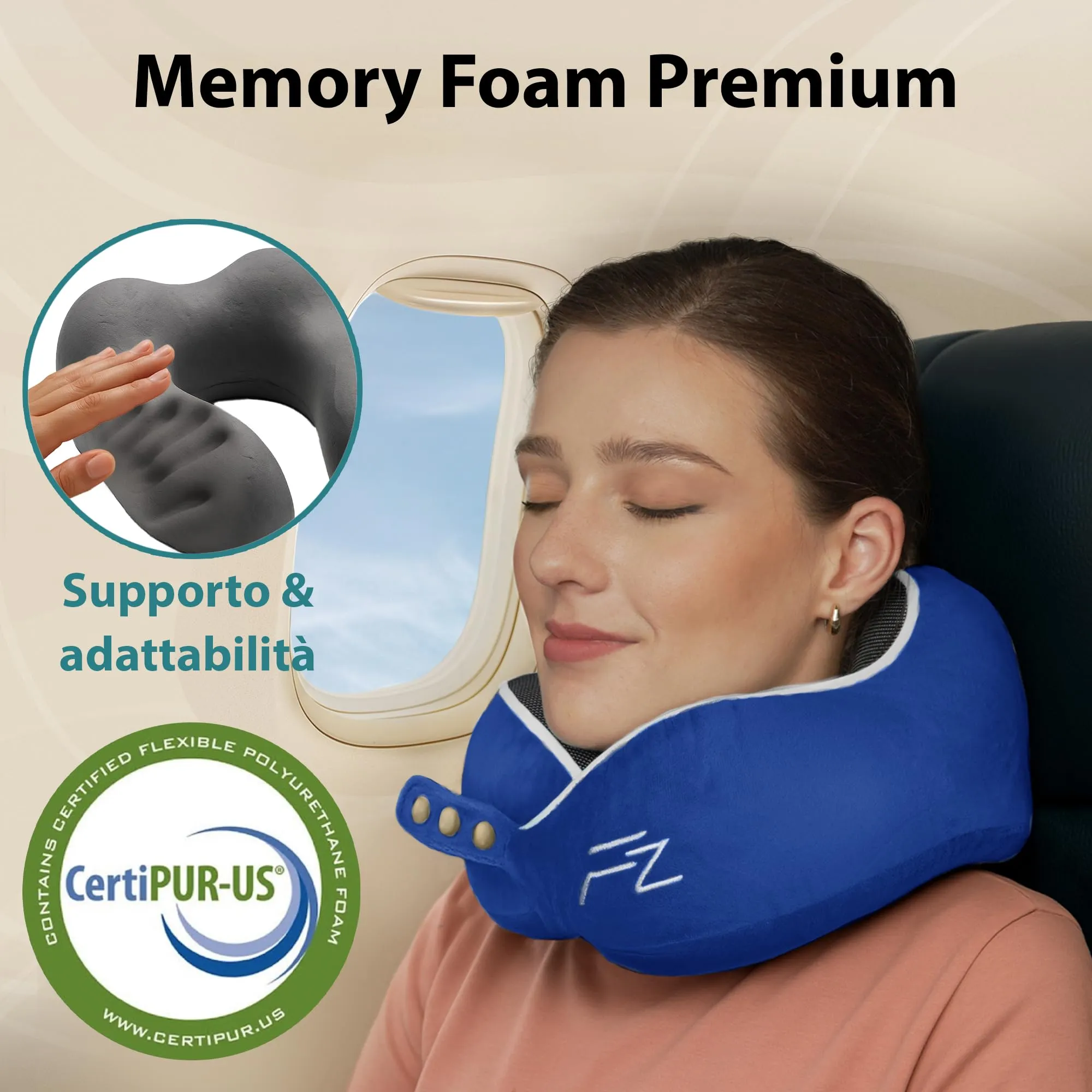 FLOWZOOM Comfy Cuscino da Viaggio in Schiuma Memory per Collo Regolabile, Blu Navy - immagine 7