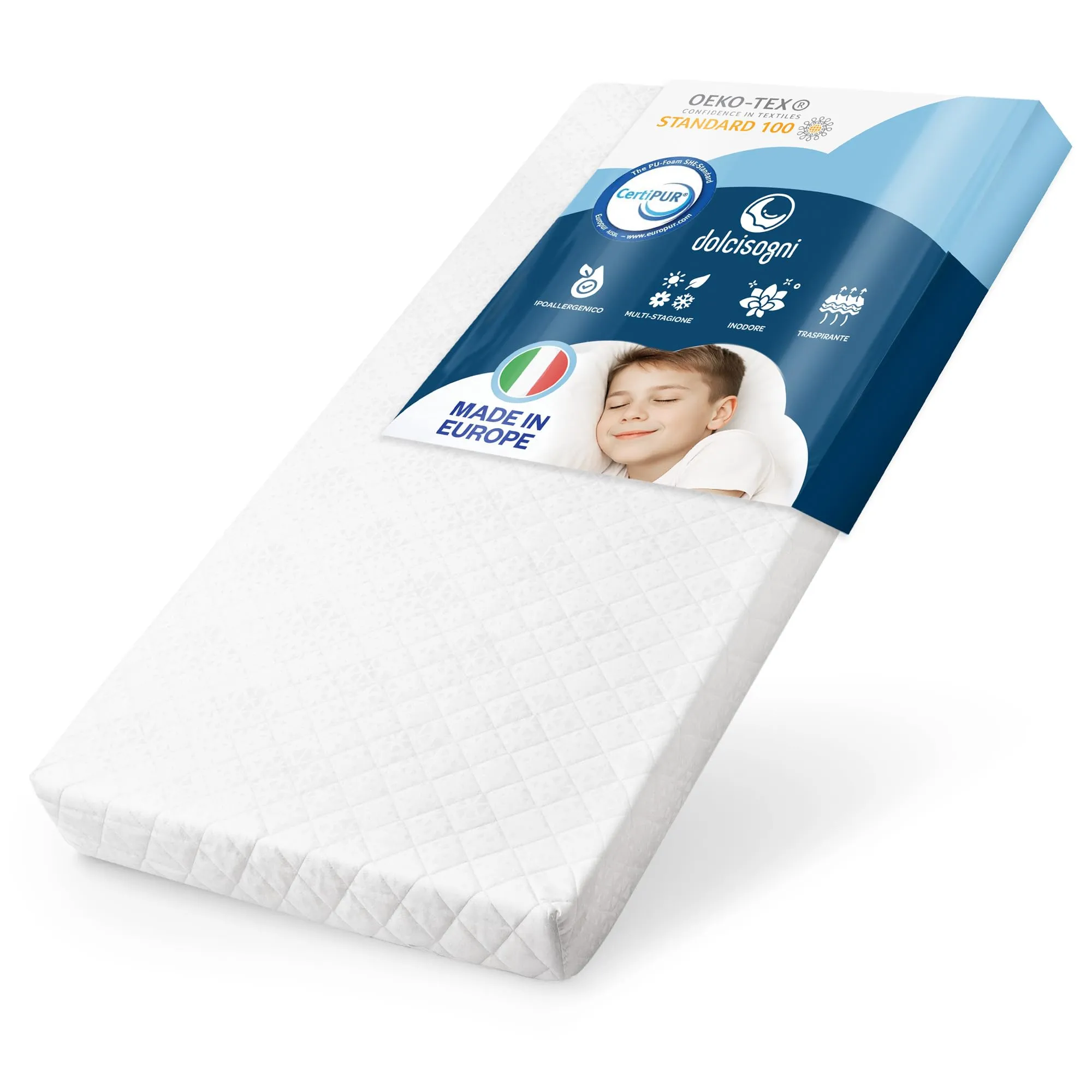 Dolci Sogni Materasso Bambini 80x190x12 cm, Schiuma Traspirante H2, Fodera Anallergica, Certificato Oeko Tex e CertiPur, Made in Italy - immagine 1