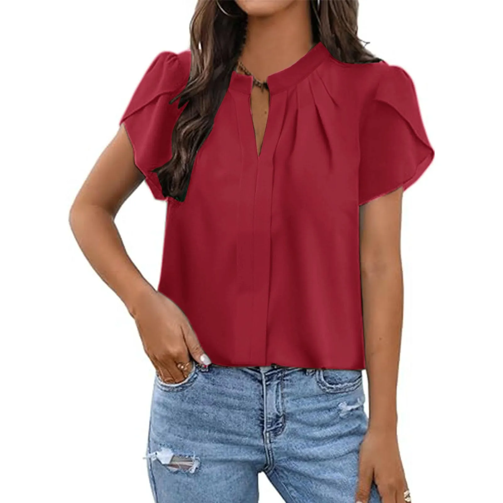 Uwdiohq T-Shirt Slim Fit in Chiffon Bianco con Maniche a Volant Casual da Donna a Maniche Corte - immagine 5