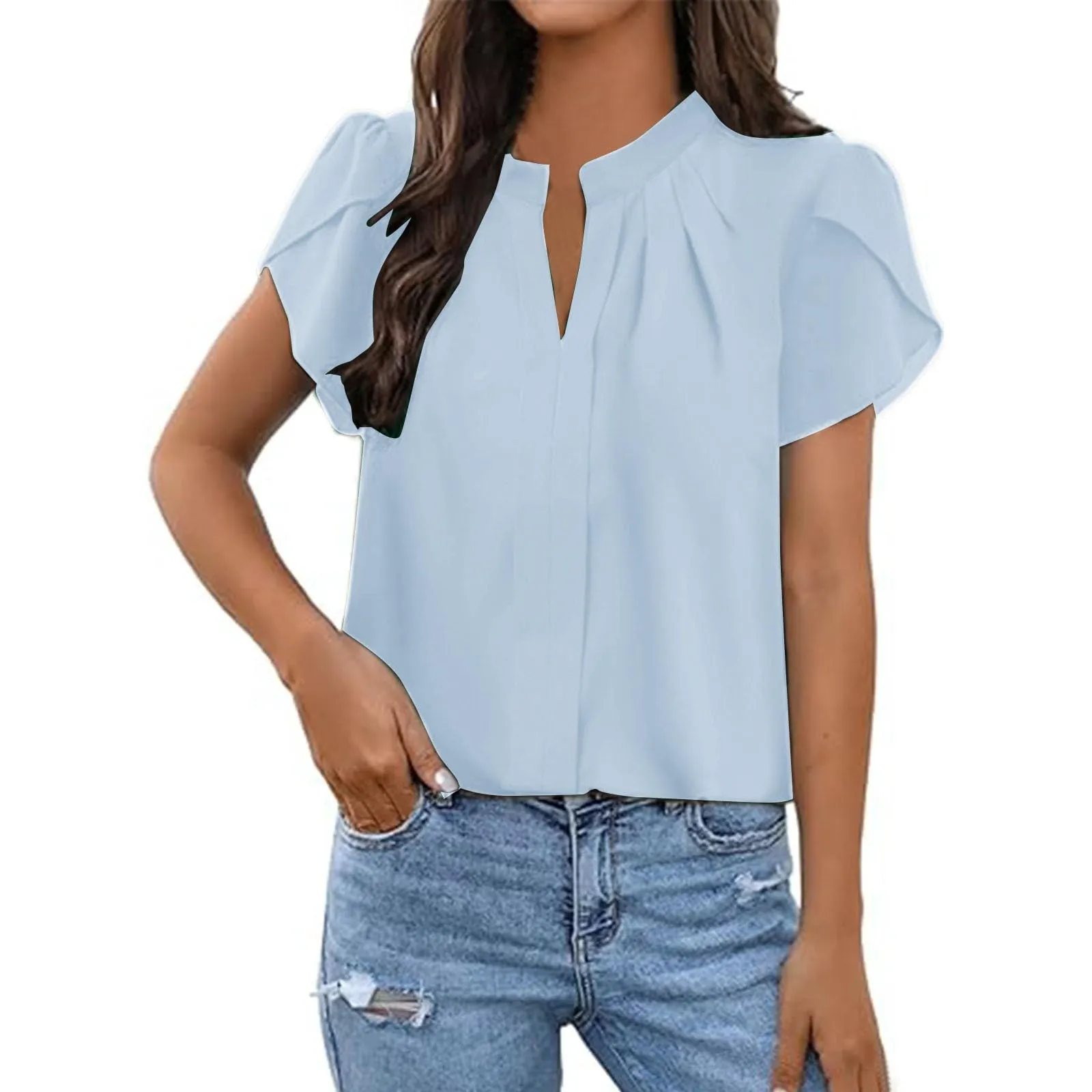 Uwdiohq T-Shirt Slim Fit in Chiffon Bianco con Maniche a Volant Casual da Donna a Maniche Corte - immagine 1